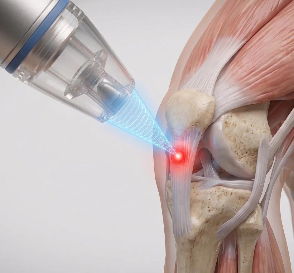 an artistic rendering of focused shockwave therapy energy treating the knee at the patellar ligament tendon