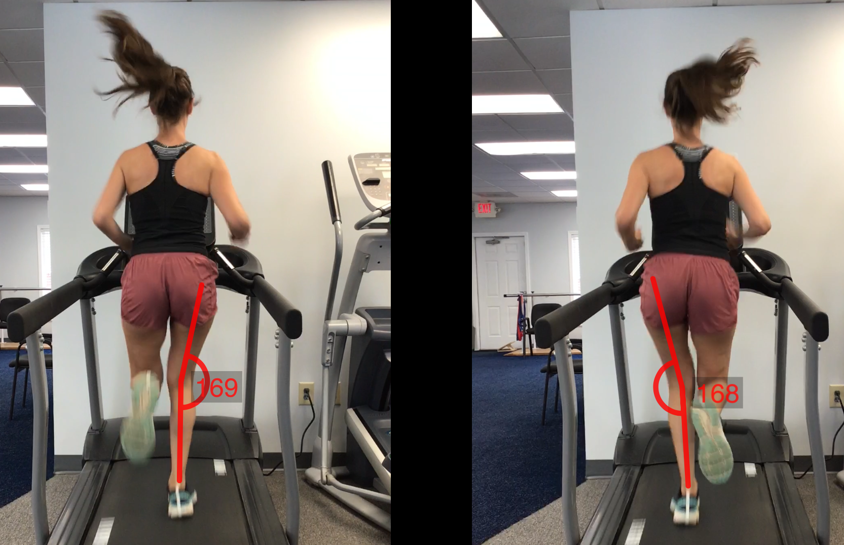 Slow-motion video running gait analysis measuring posterior knee joint angles and side-to-side biomechanical symmetry.