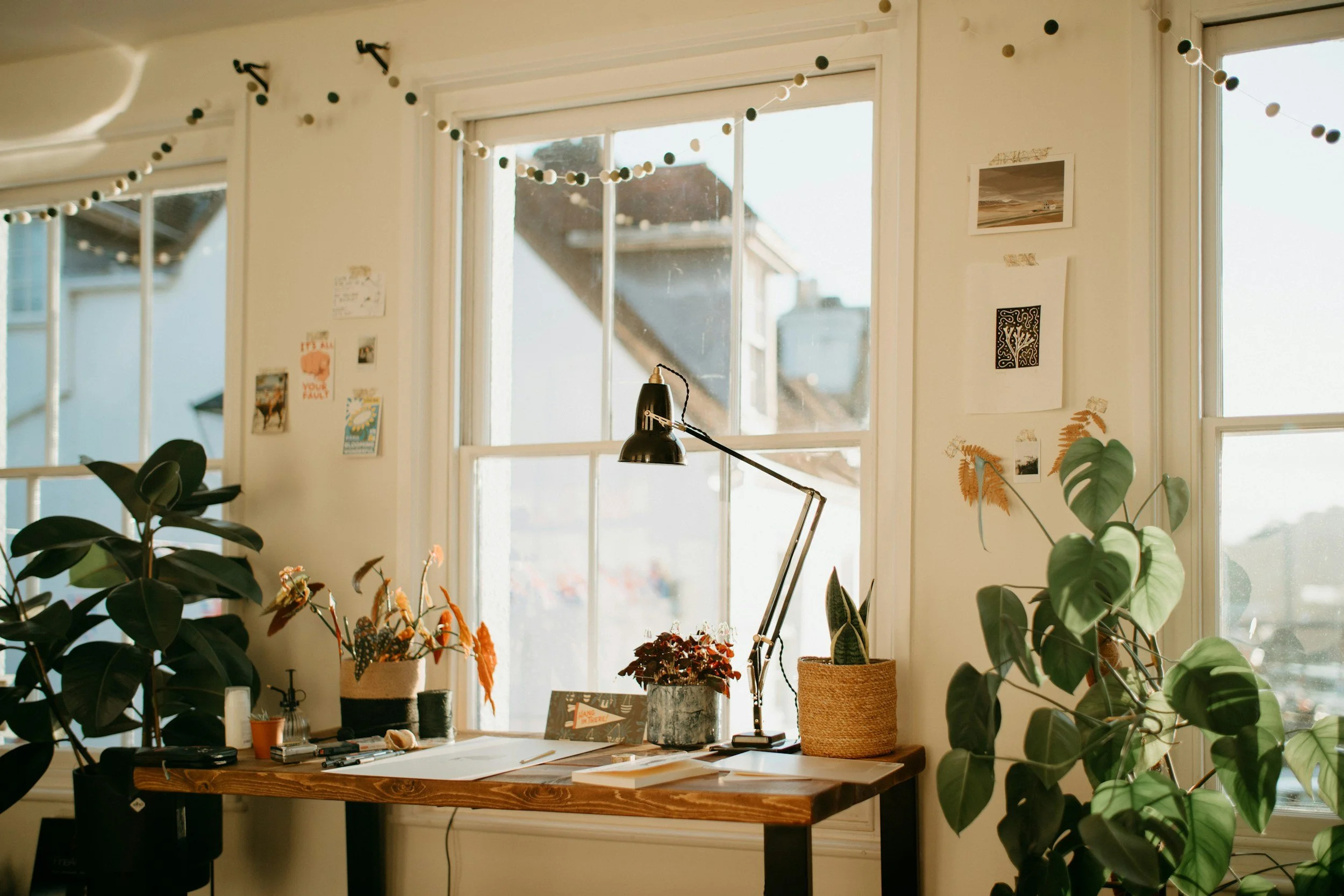 A workspace with plants on a wooden desk near large windows, decorated with postcards and a string of black and white balls.