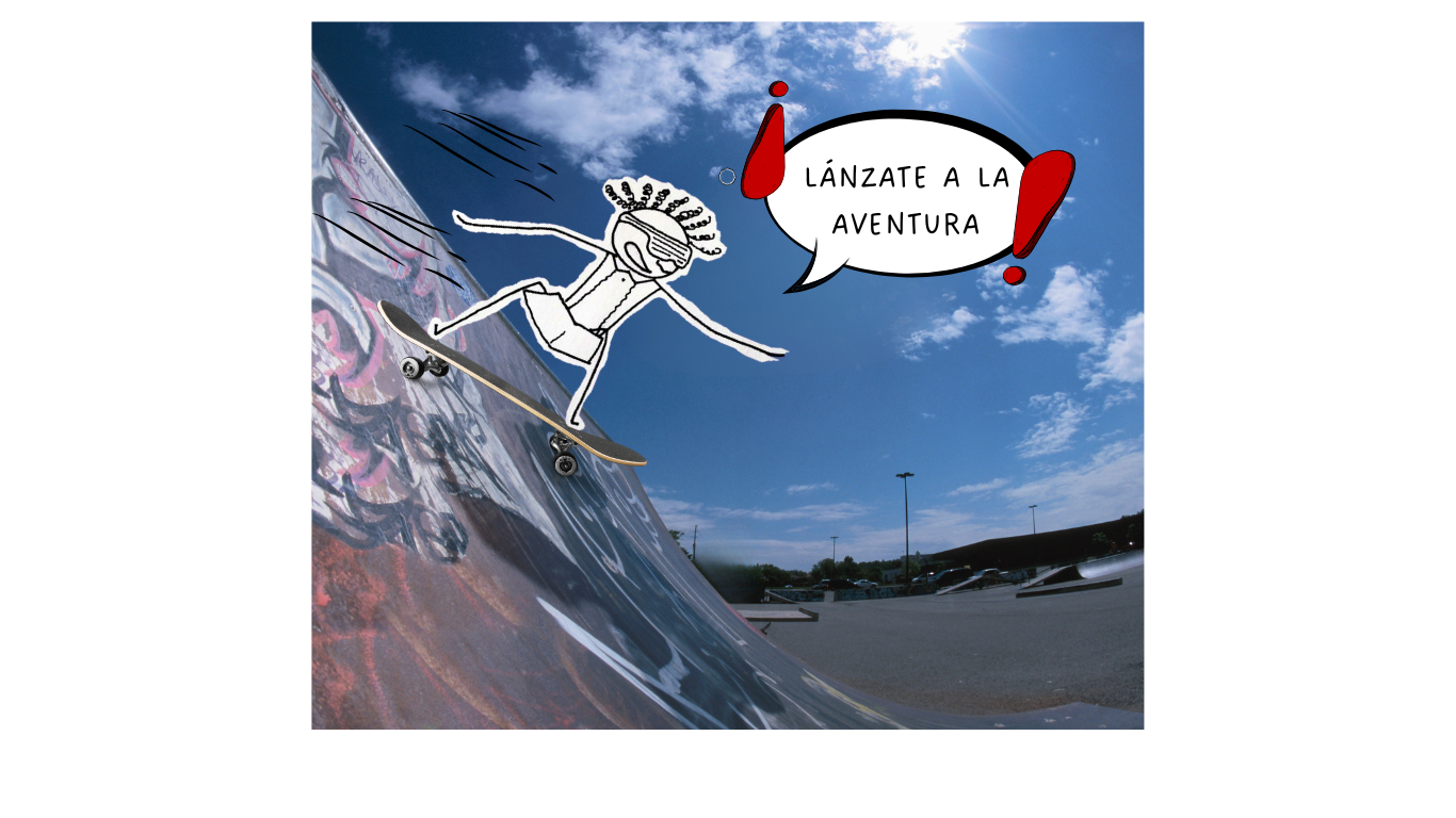 Cartoon character skateboarding on a graffiti-covered ramp with speech bubble saying "Lánzate a la aventura" against a sunny sky background.