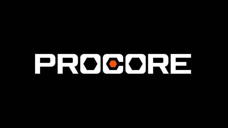 Procore logo with white text and an orange and black hexagon in the letter 'O' on a black background.