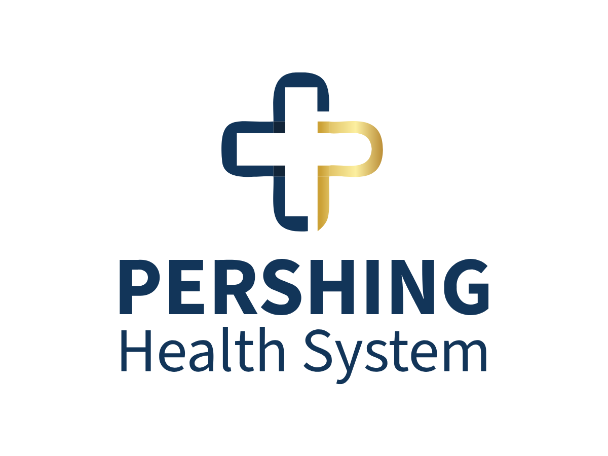 Logo of Pershing Health System, featuring a stylized cross in navy blue and gold, with the words 'PERSHING Health System' beneath.