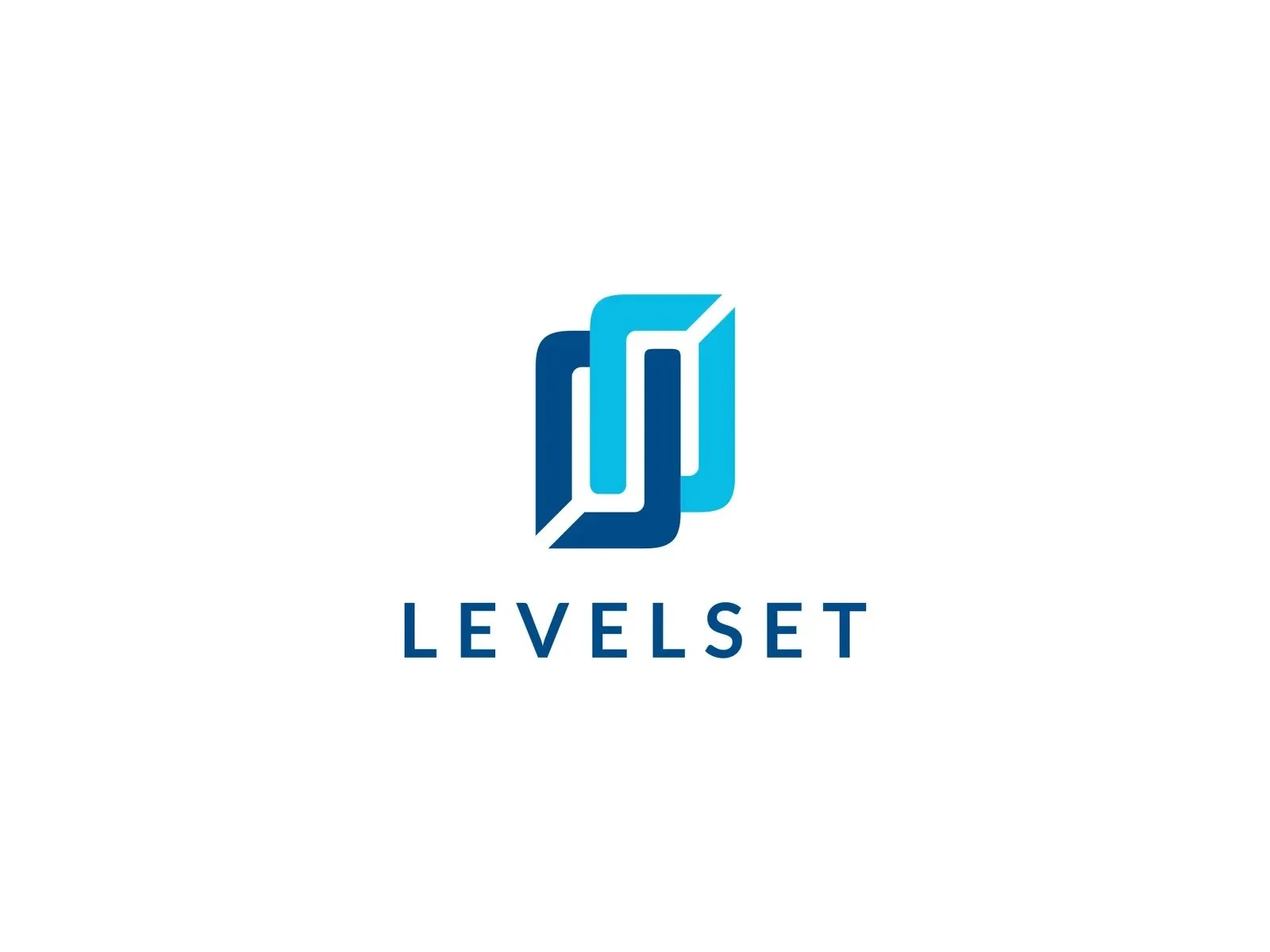A logo with two interlocking rectangles, one dark blue and one light blue, with a diagonal line dividing them, and the word 'LEVELSET' written below in capital letters.
