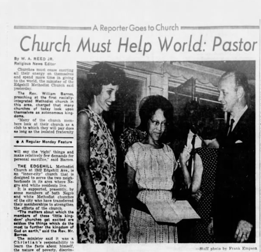 Black and white photo of three women and one man inside a church, engaging in conversation.