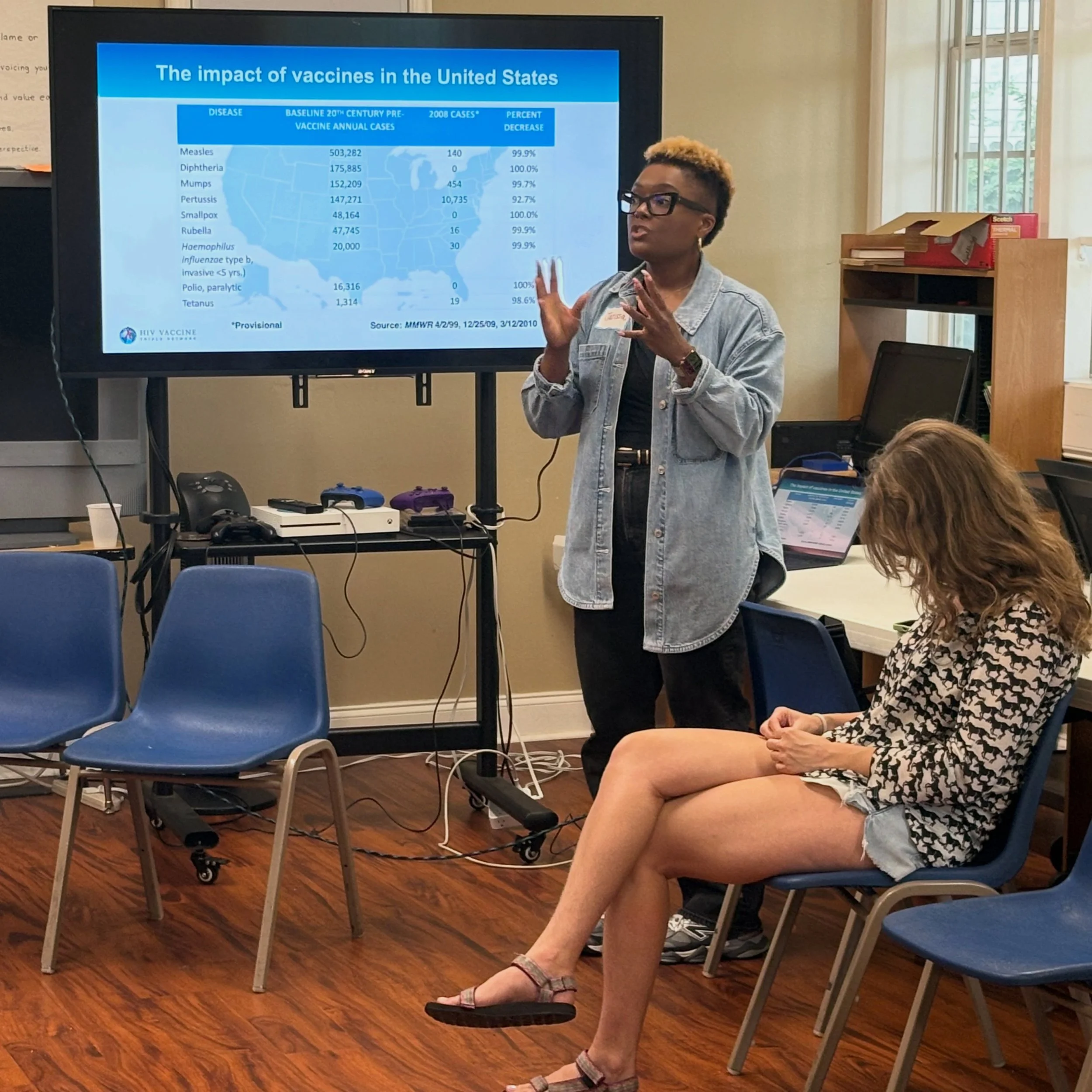 A woman in glasses and denim jacket presenting a slide titled 'The impact of vaccines in the United States' during a seminar, with her hands raised mid-gesture. Audience members are seated, one with crossed legs and a patterned dress.