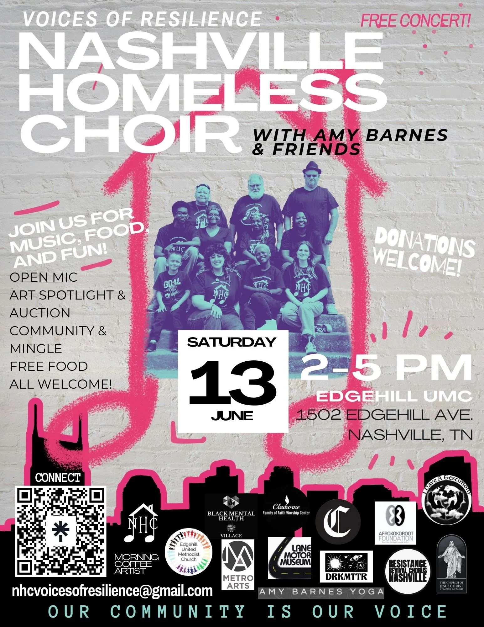 Event poster for Voices of Resilience, a free concert featuring Nashville Homeless Choir and Amy Barnes and Friends. The concert is on Saturday, June 13, from 2 to 5 PM at Edgehill UMC, 1502 Edgehill Ave, Nashville, TN. Includes details about music, food, art, community, and donations, with a group photo of the choir members and logos of various supporting organizations.