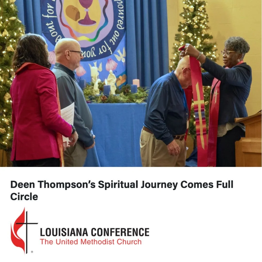 A woman places a red stole around a man's neck during a religious ceremony, with three other people observing. The scene is decorated with Christmas trees and candles, indicating a holiday setting. A banner for the Louisiana Conference of The United Methodist Church is in the background.