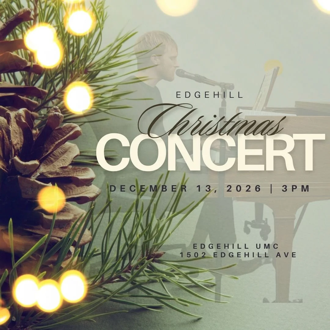 A poster for an Edgehill Christmas concert featuring a person playing piano and singing into a microphone, with pine branches and holiday lights in the foreground.