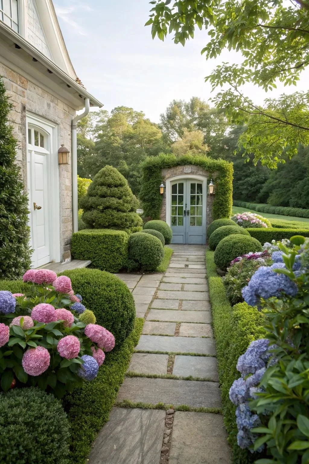 A stone pathway lined with lush green bushes and colorful hydrangea flowers, leading to a blue double-door arched entrance covered with greenery, with a house on the left and trees in the background.