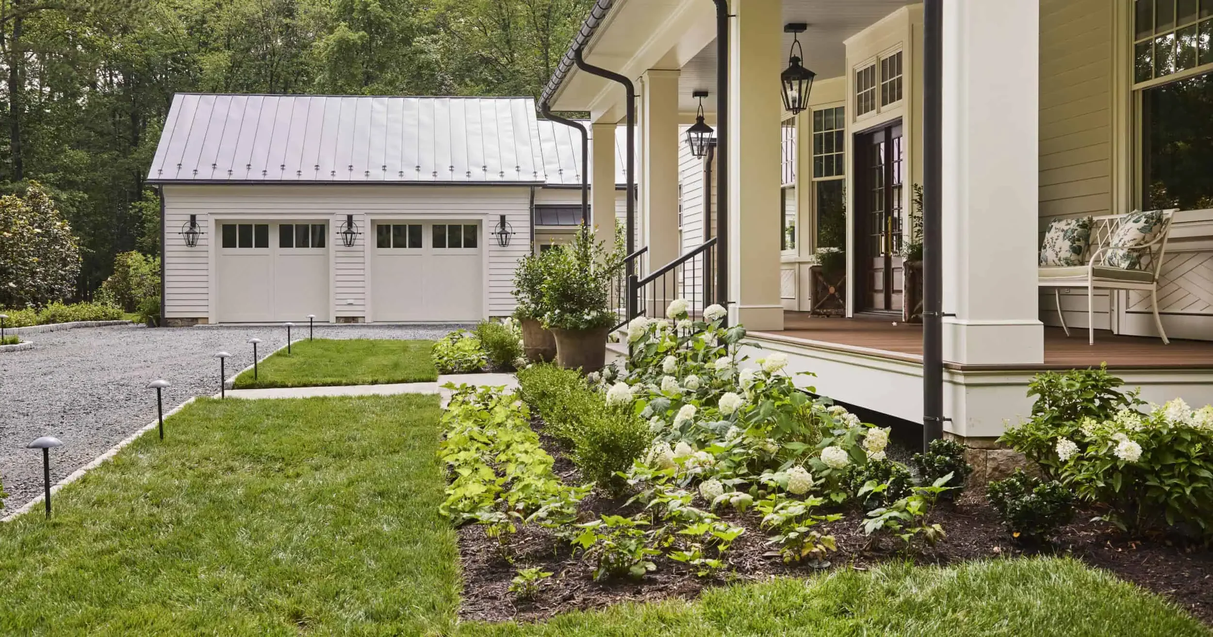 Layered residential landscape design with structured planting and garden paths