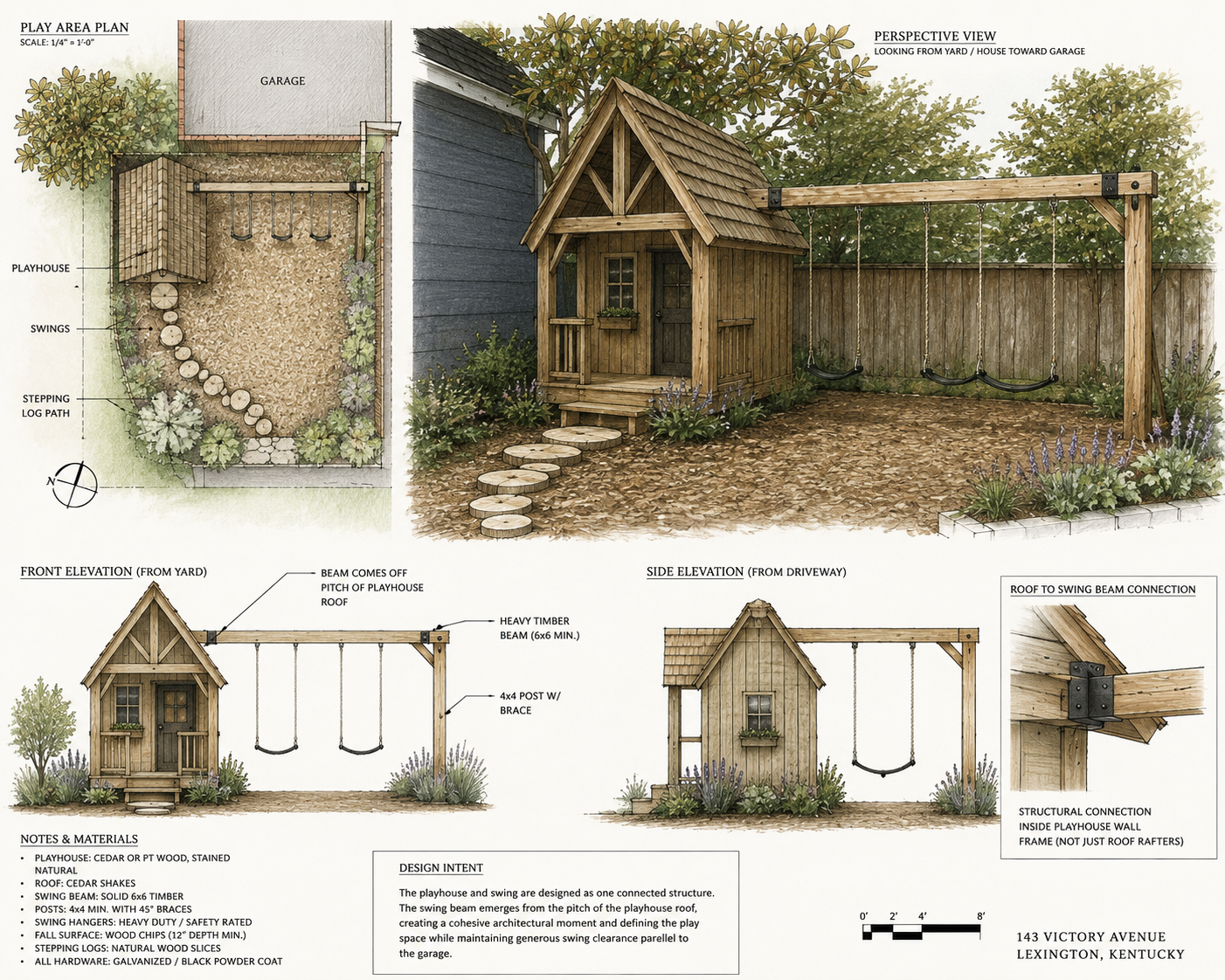Design plan and perspective view of a children’s outdoor playset with a playhouse, swings, a stepping log path, and surrounding landscaping. The playhouse is a small wooden structure with stairs, window boxes, and a roof. The swings are attached to a sturdy wooden beam with metal brackets. The layout includes detailed front and side elevations, showing construction materials and connection details.