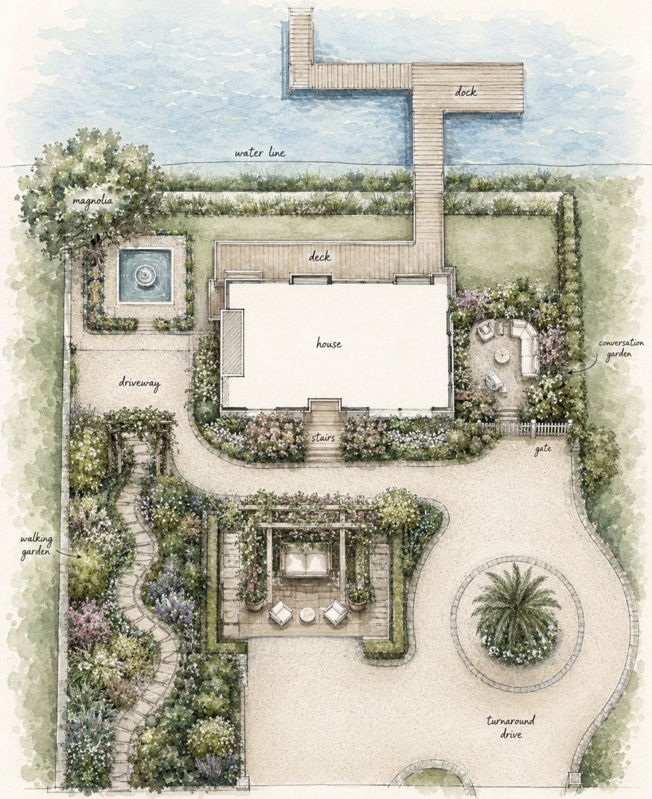A detailed landscape design plan featuring a house with surrounding gardens, a driveway, a circular turn-around drive, a pond with fountain, a magnolia tree, a walking garden, a terrace with outdoor furniture, a conversation garden, and a dock overlooking water, all labeled with various garden and landscaping features.
