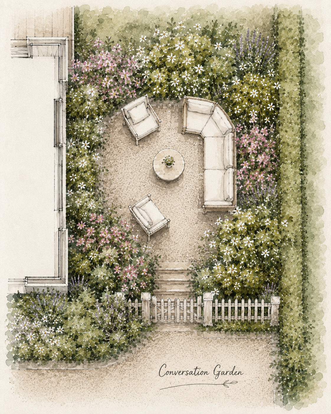 Illustration of a backyard conversation garden with outdoor seating, chairs, a sofa, and a round table, surrounded by flowering bushes and a wooden fence.