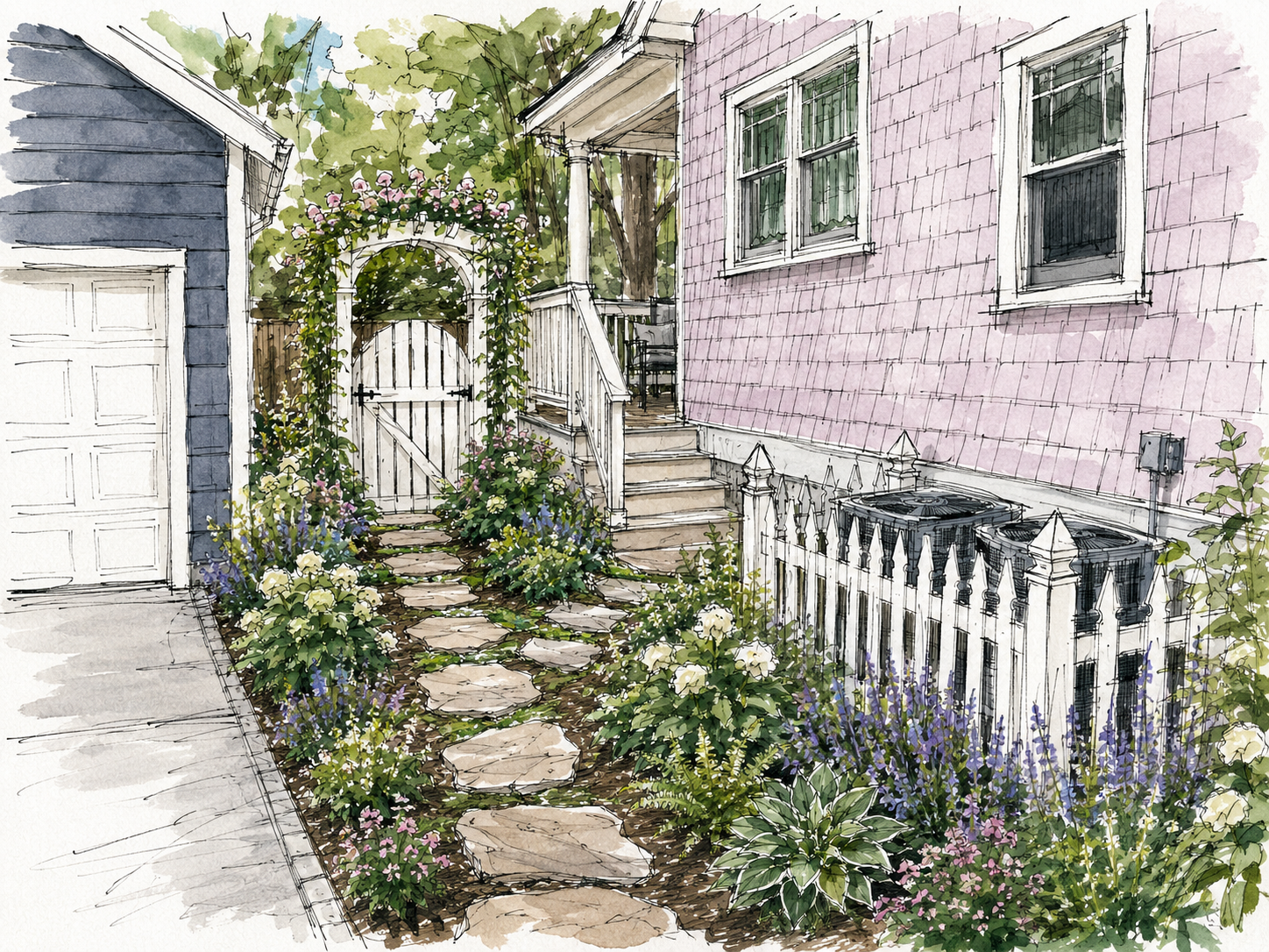 Watercolor illustration of a garden path with stepping stones, a white picket fence, pink house siding, lush flowering plants, greenery, and a white arched garden gate.