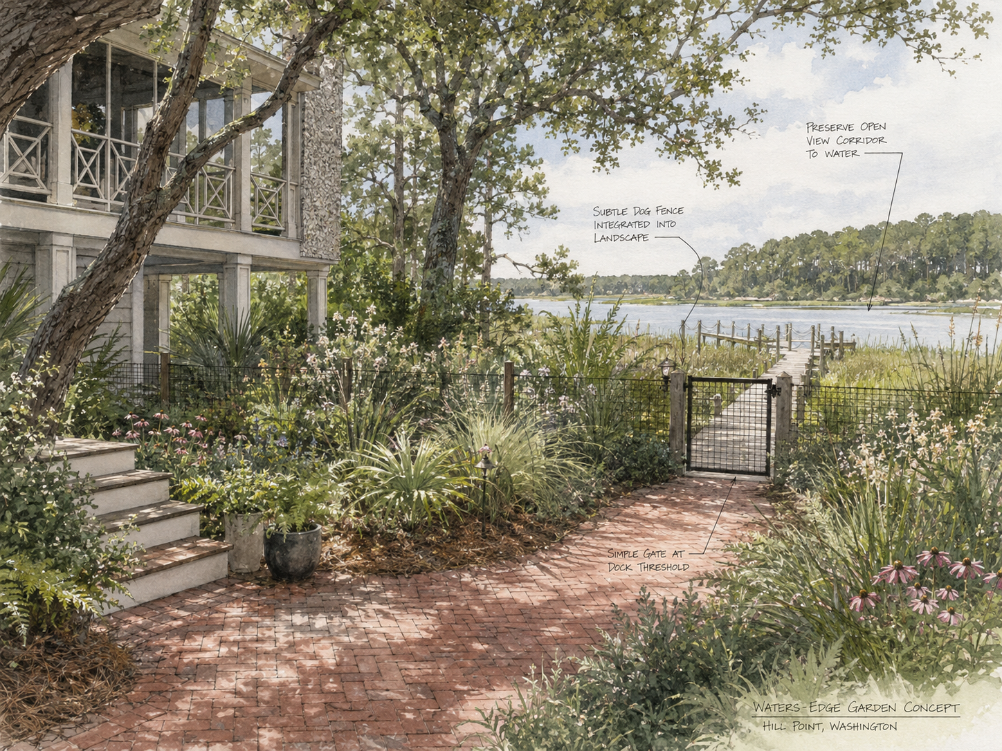Water's edge garden concept with brick pathway, lush plants, trees, and a view of water with a dock and a simple gate at the threshold.