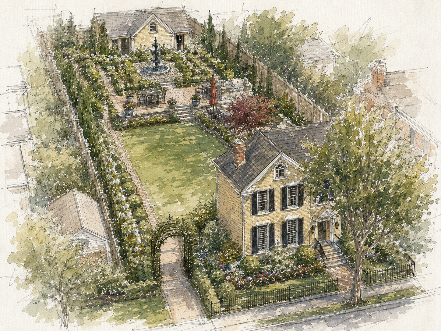 A watercolor illustration of a spacious backyard with a yellow brick house, a large lawn, a stone pathway, a garden with shrubs and flowers, a fountain, outdoor seating, and trees surrounding the area.