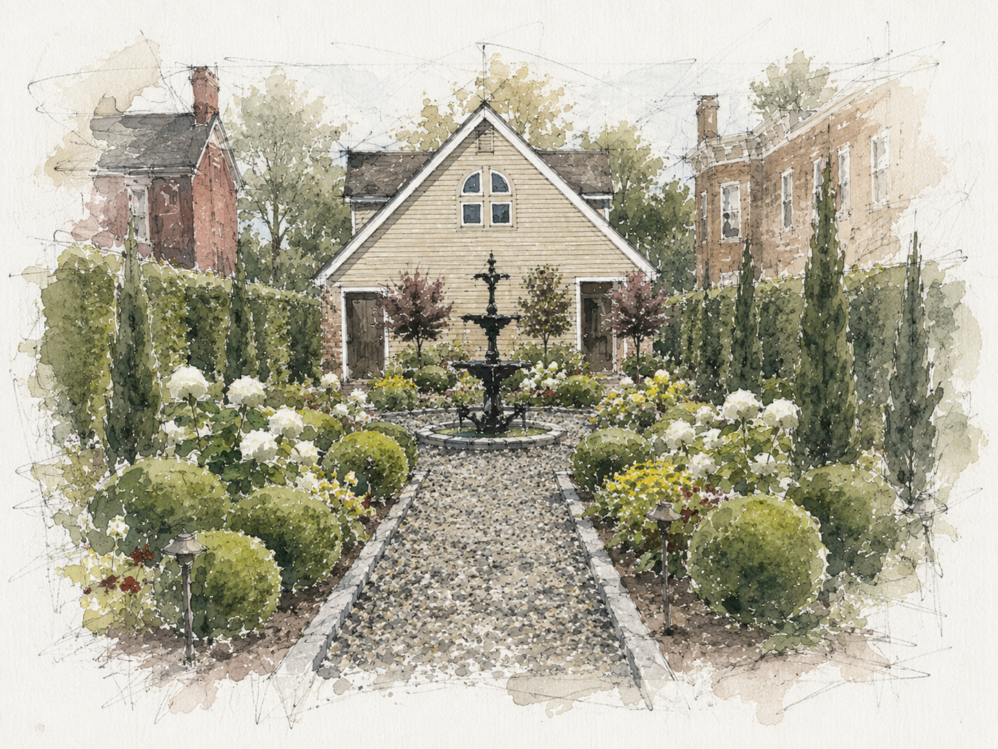 A watercolor painting of a garden with a gravel pathway leading to a small house with cream-colored siding, surrounded by manicured bushes, small trees, and a decorative black fountain in front.