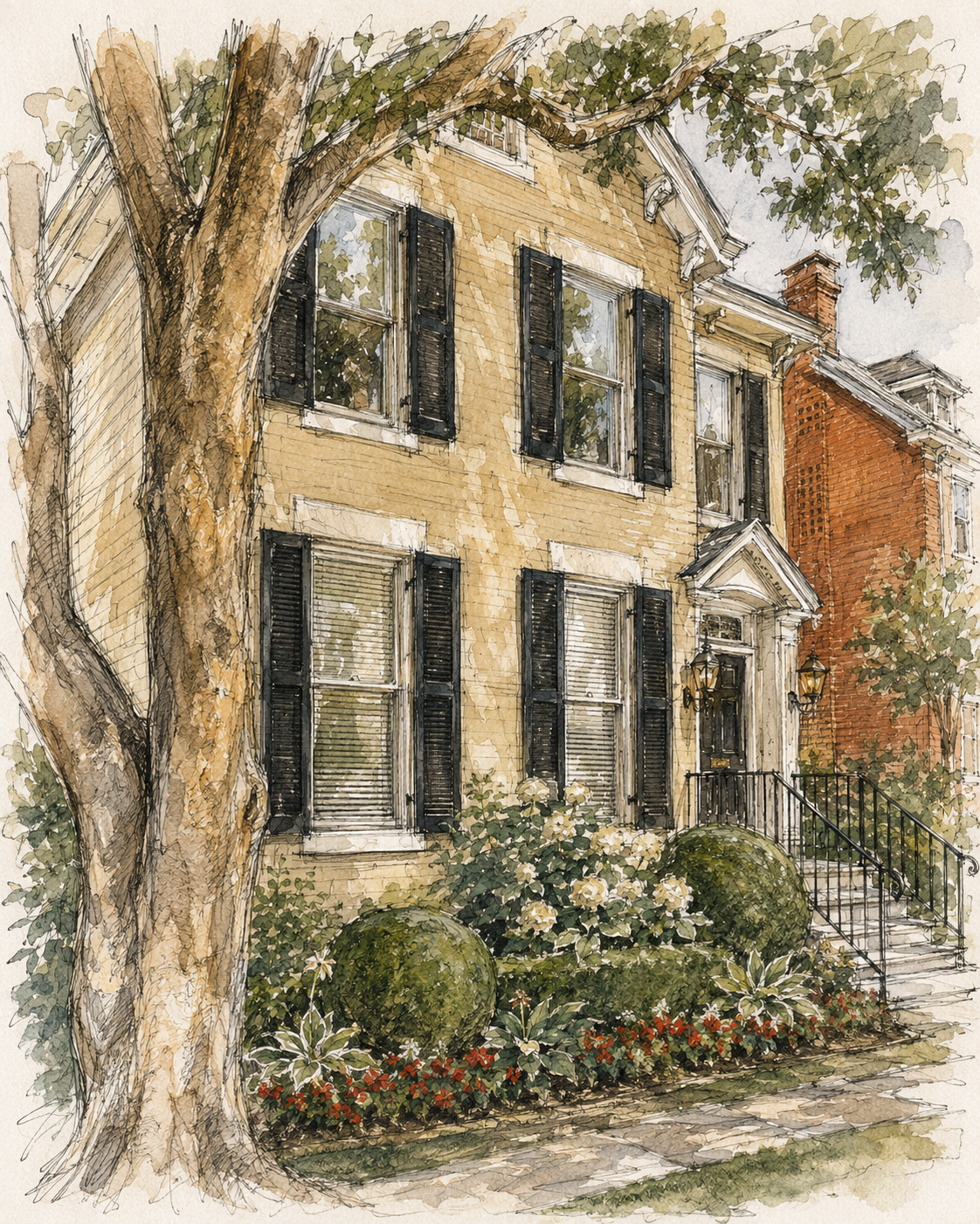 A watercolor painting of a historic brick townhouse with black shutters, a small porch with steps, a lantern, and surrounded by a garden with bushes, flowers, and a large tree in front.