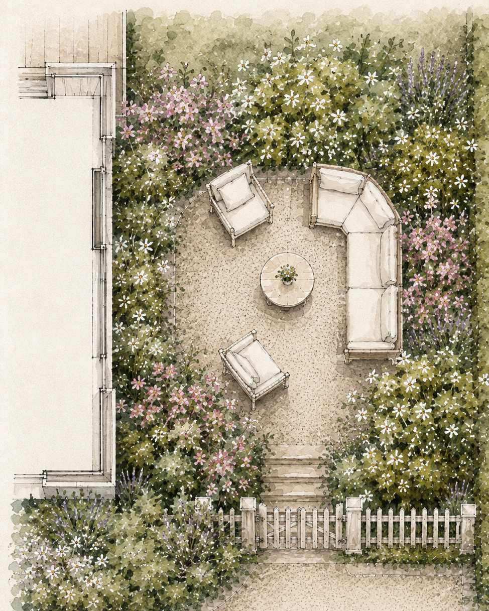 Layered garden planting with structural evergreens and soft flowering plants