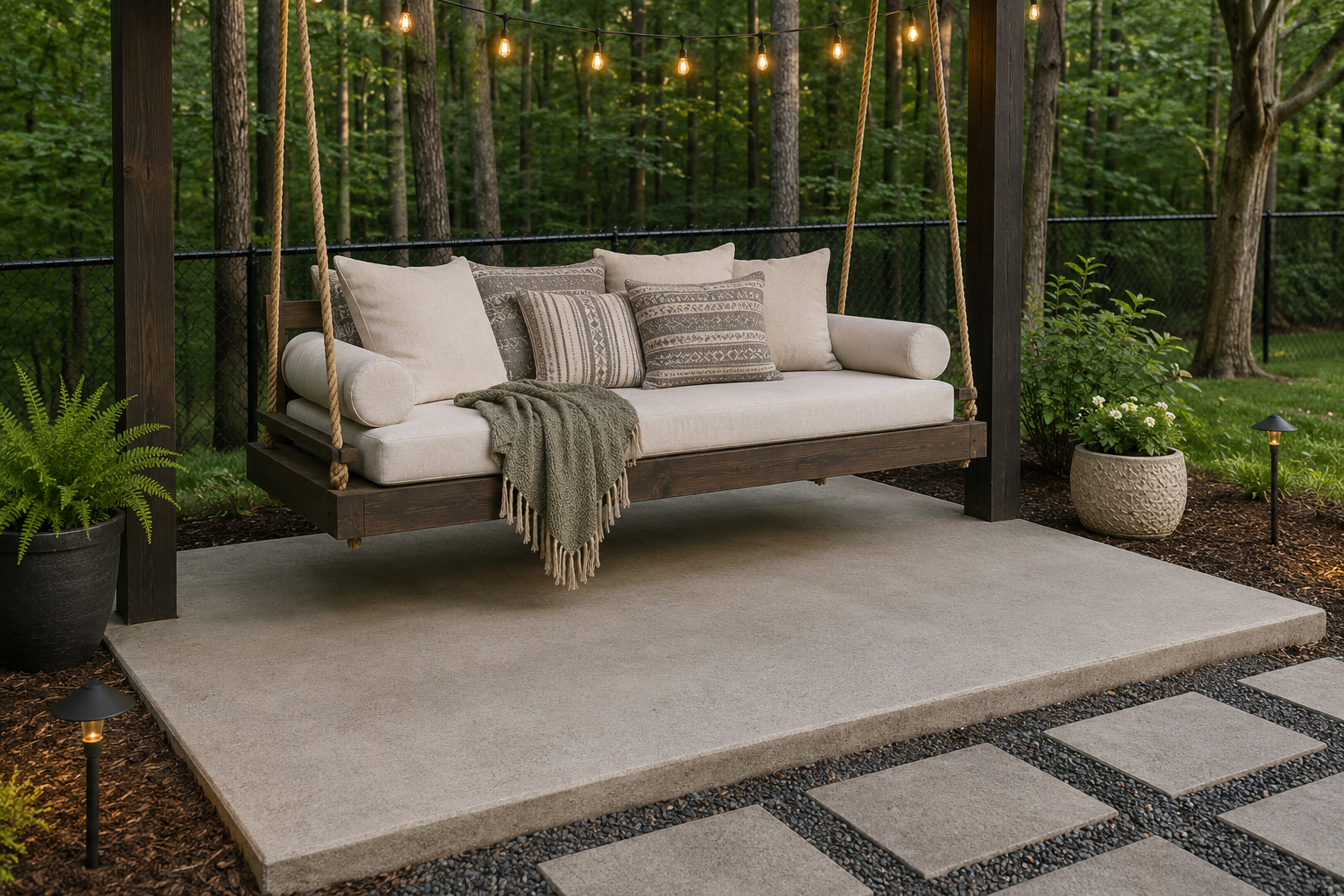 Outdoor porch with a wooden swing seat hanging from ropes, decorated with beige and patterned cushions, a blanket, and surrounded by potted plants, with string lights overhead and a concrete patio and stepping stones in front.