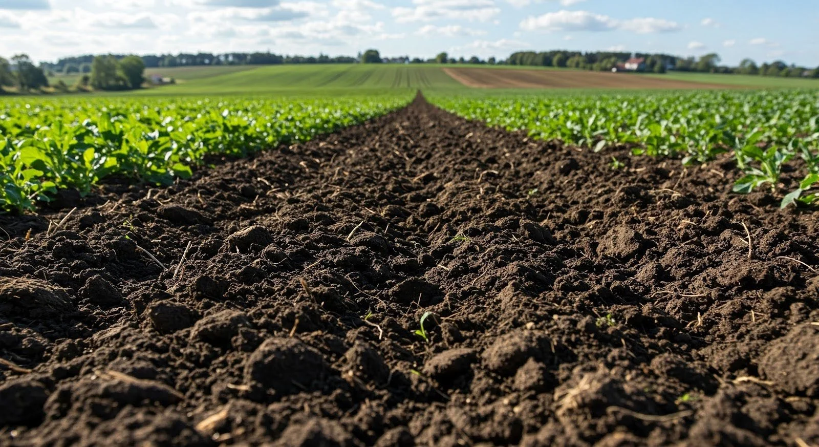 Farmland with rows of green crops and tilled soil under a partly cloudy sky.