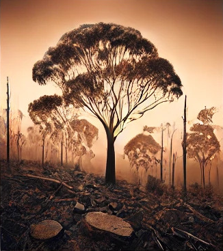 Tree in a smoky, burnt forest with damaged ground and charred trees at sunset.