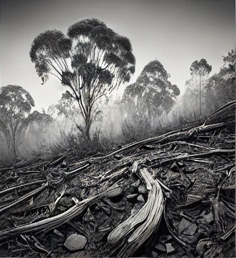 Black and white photo of fallen branches and roots on forest ground with trees in the background
