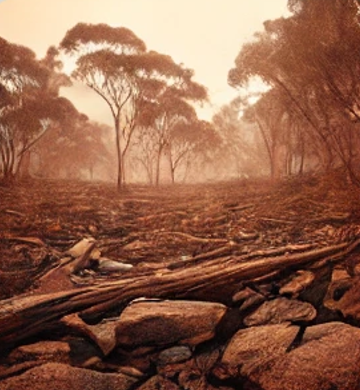 A dry, barren landscape with scattered rocks, fallen branches, and sparse trees with a hazy sky.
