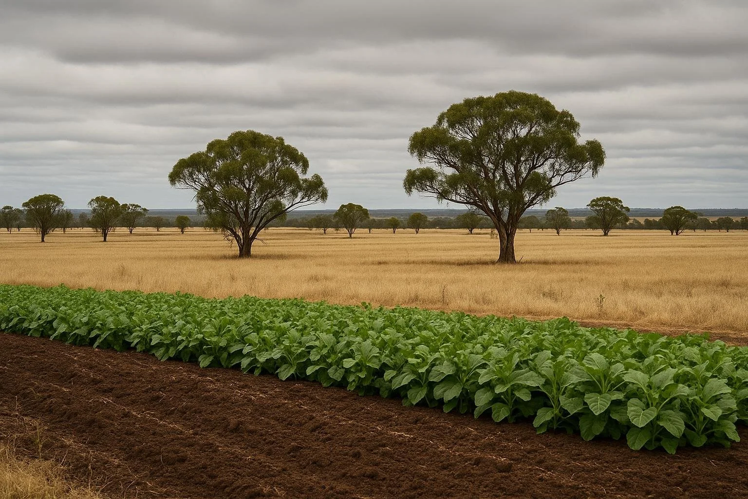 Farm field with rows of green crops in the foreground, dry grass and scattered trees under a cloudy sky in the background.
