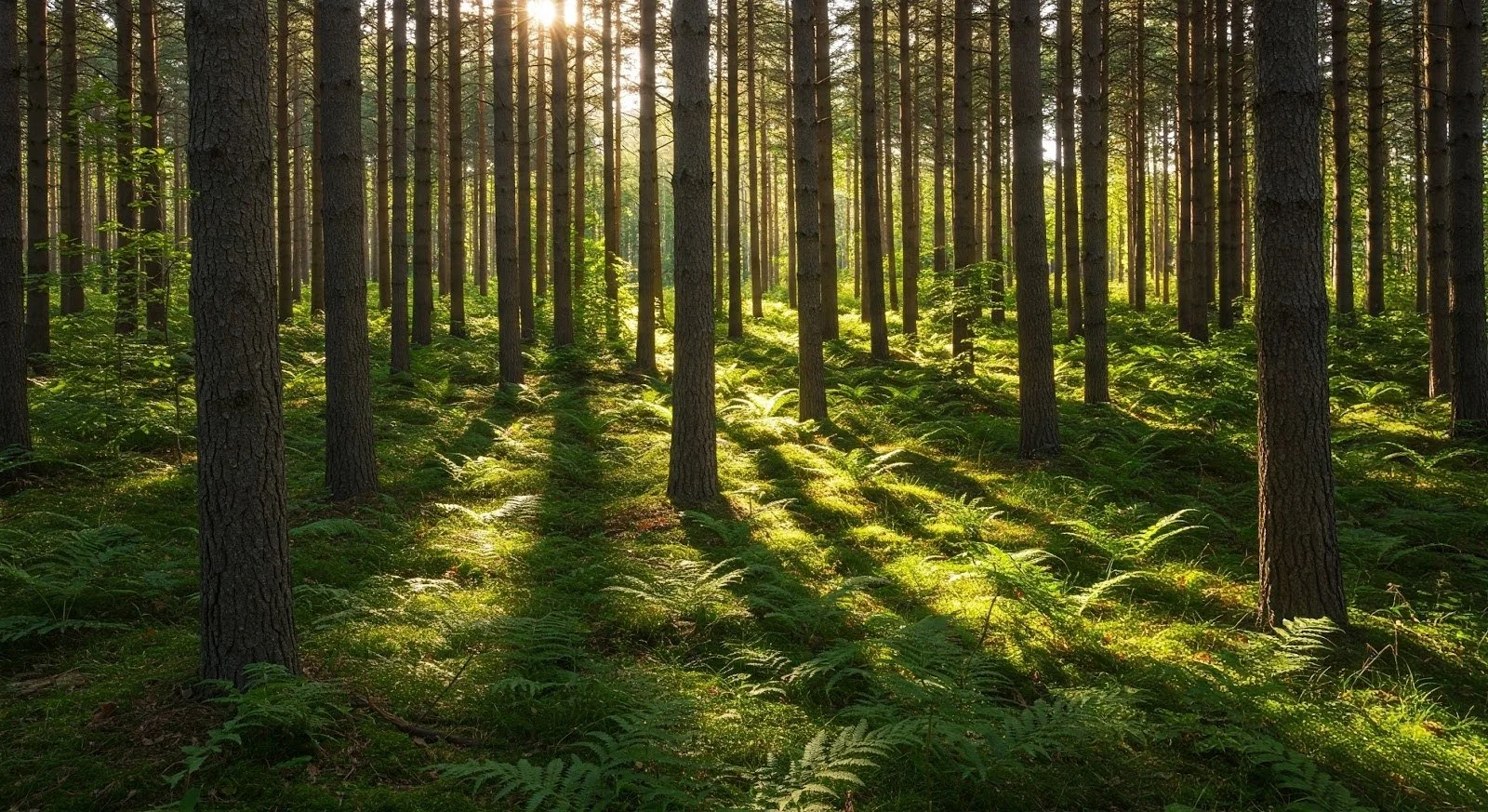 Sunlight filtering through tall pine trees in a green forest with ferns on the ground.