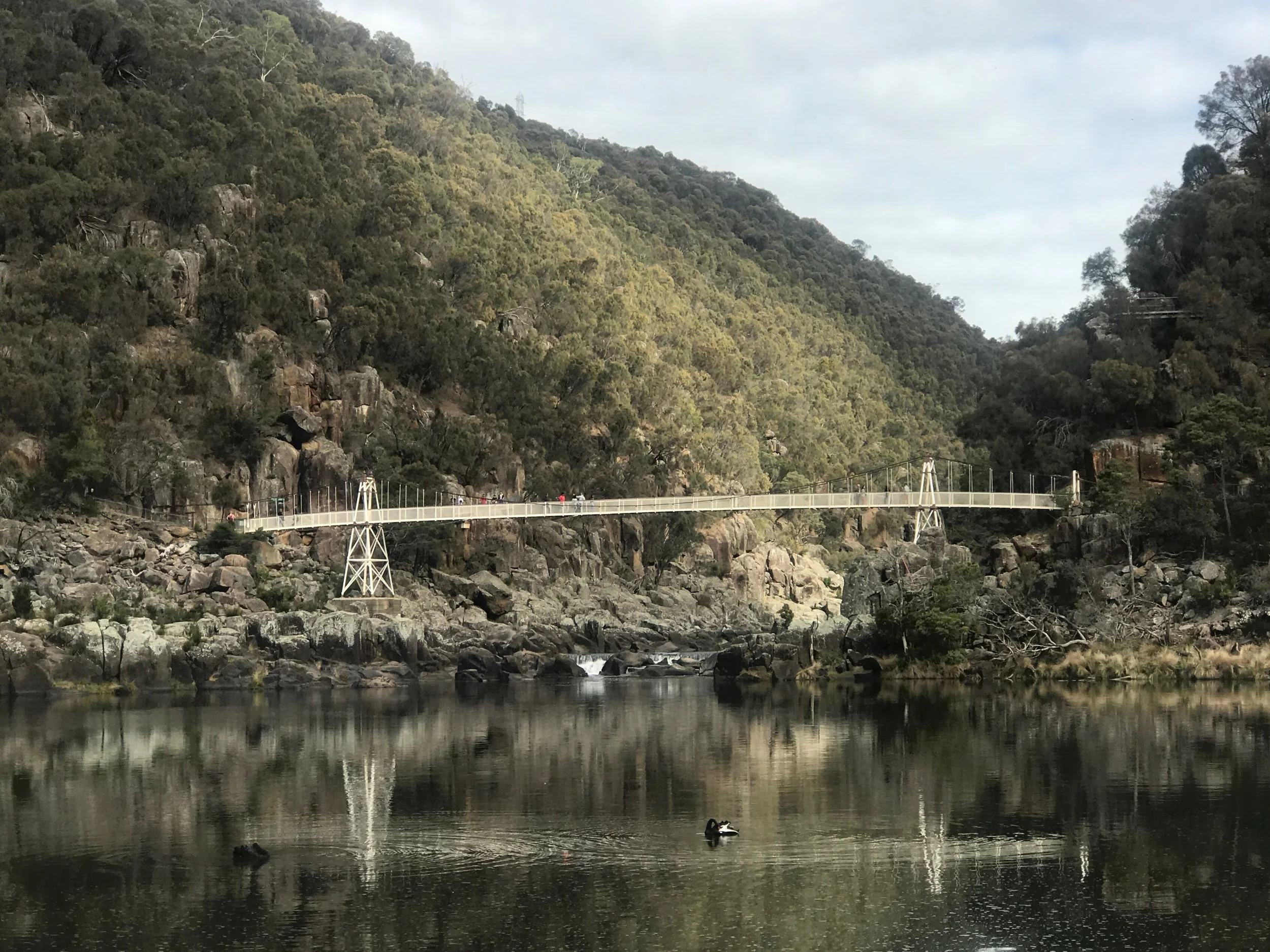 A suspension bridge spanning across a rocky river with hills covered in trees in the background.