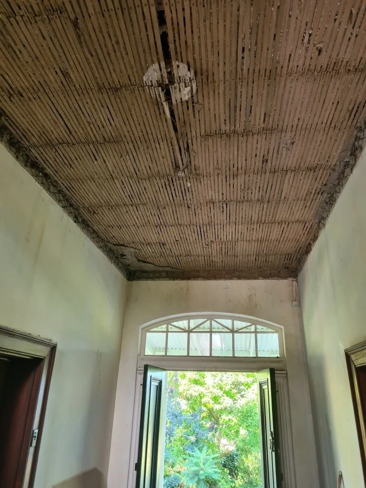 Ceiling under renovation with visible wooden slats and a hole, open double doors leading outside, with trees and sunlight visible through the doorway.
