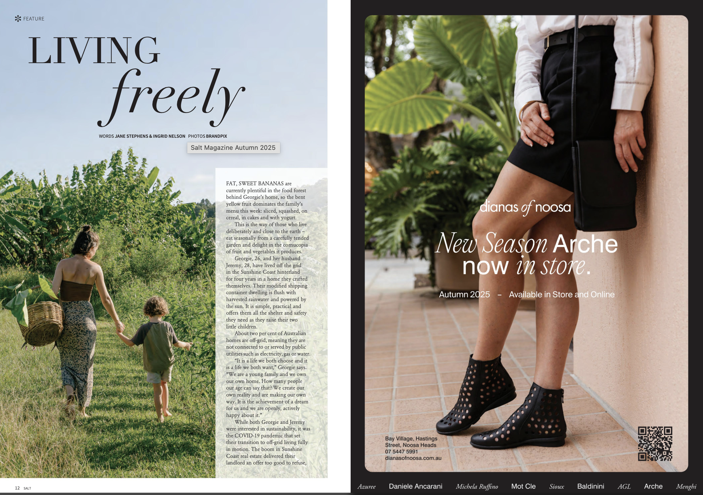Left side features a magazine article titled 'Living Freely' with a background of a woman and a child walking in a lush green field. Right side shows a close-up of a person wearing black high-heeled shoes with cut-out details, a white shirt, and black shorts, standing on a brick pathway with large green leaves in the background.