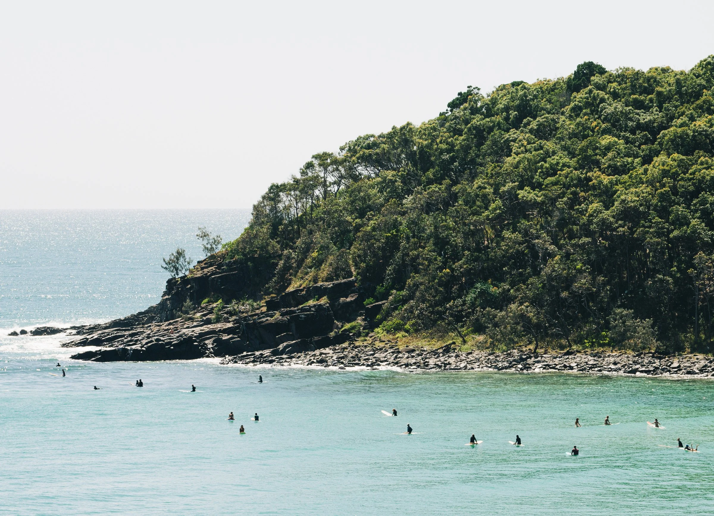 Ocean scene with a forested hillside, rocky shoreline, and people surfing and swimming in the water