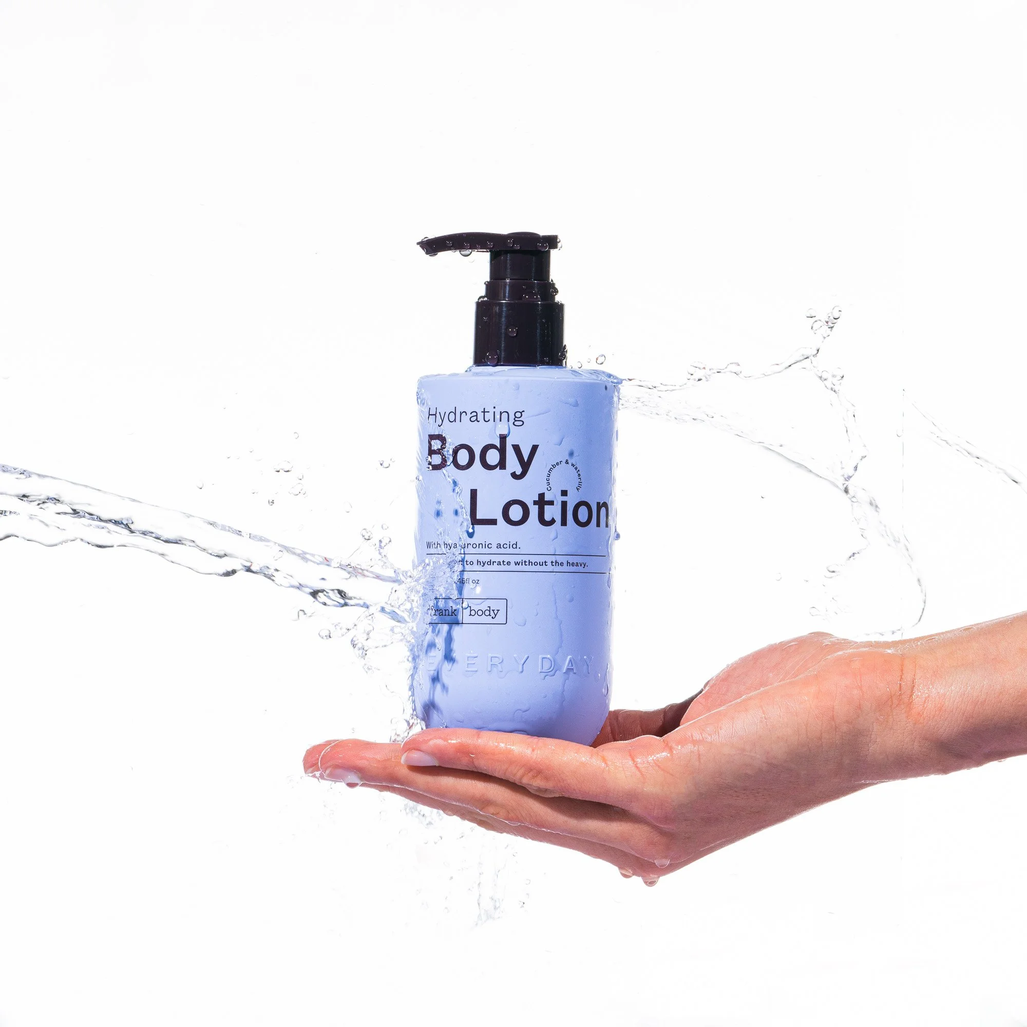 Close-up of a person's hand holding a white bottle of hydrating body lotion with a pump dispenser, with water splashing around and droplets on the pump.