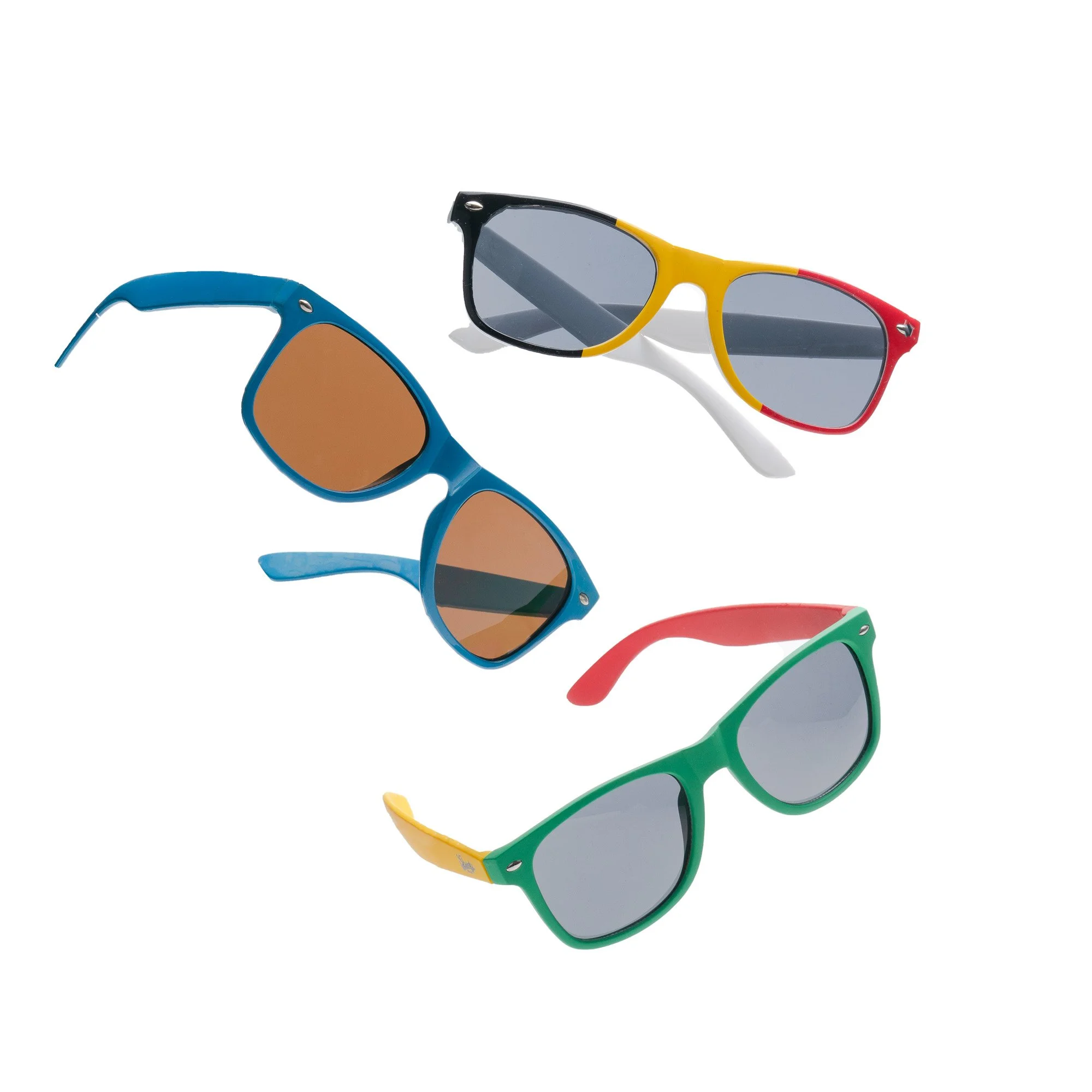 Three pairs of colorful sunglasses with mirrored lenses, arranged on a white background.