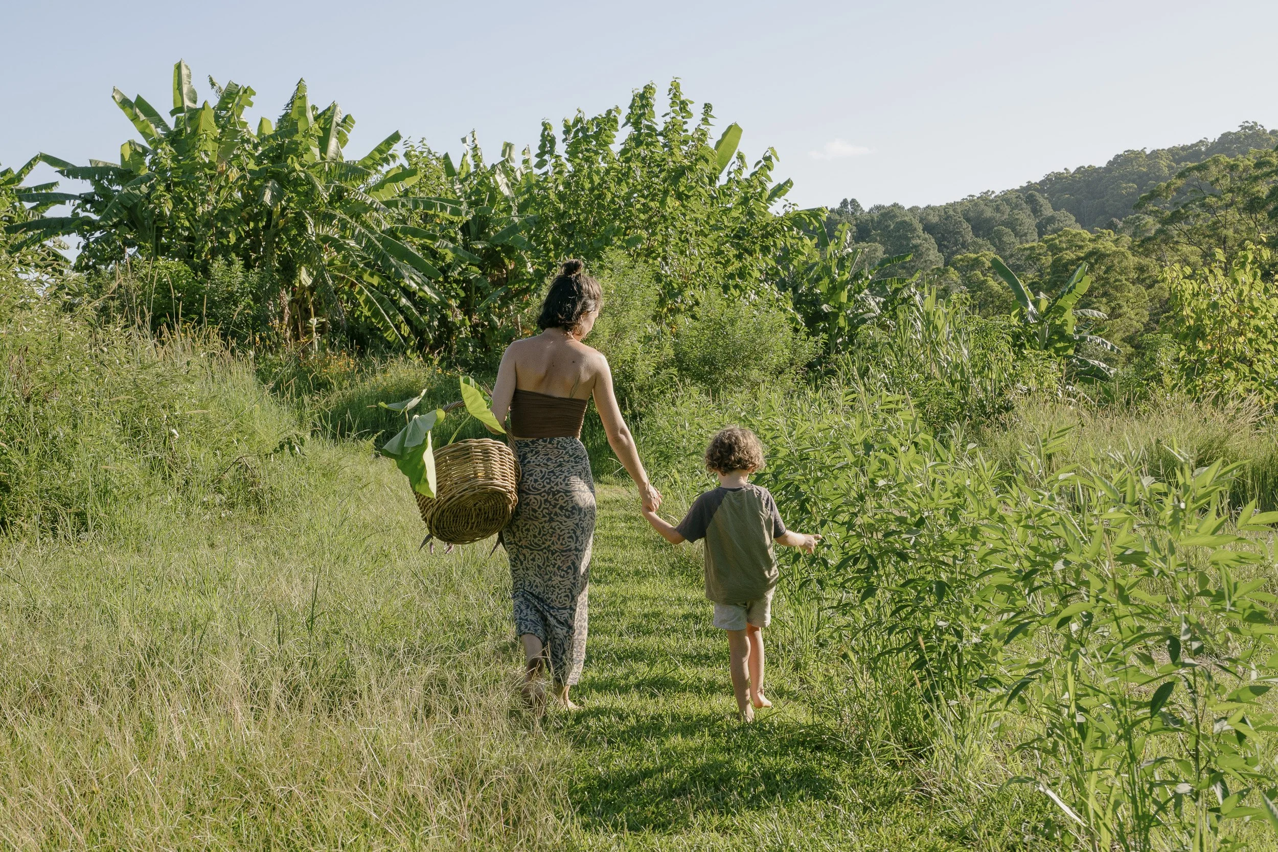 A woman and a young boy walking on a grassy path in a lush green jungle, holding hands. The woman is carrying a basket and is dressed in patterned pants. The scene is bright with clear blue sky.