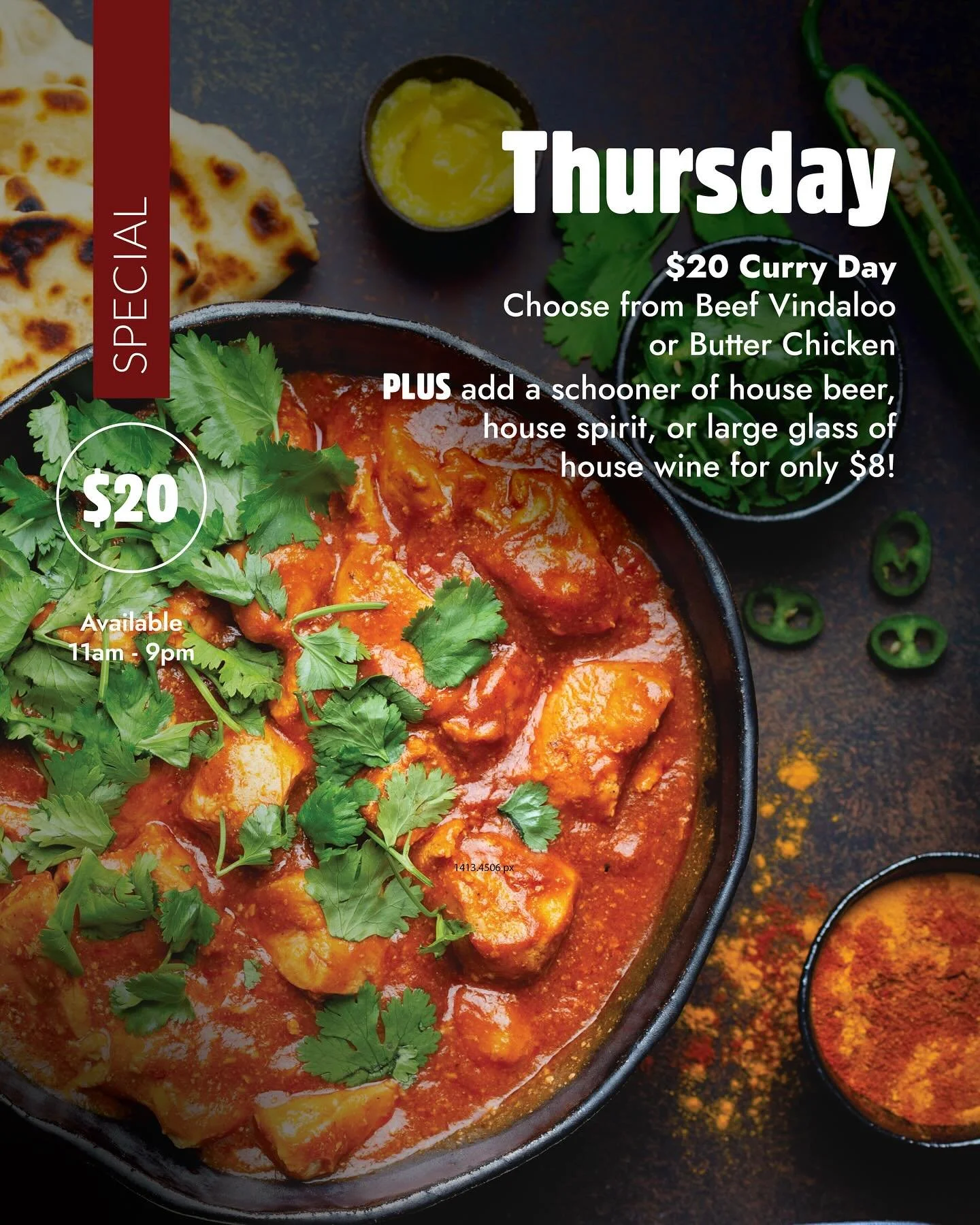 THURSDAY CURRY &amp; A COLD ONE 
$20 Butter Chicken or Beef Vindaloo &mdash; full of flavour, no fluff.
Add a beer, wine or spirit for just $8&hellip; because what&rsquo;s a curry without a bev?

On from 11am to 9pm &mdash; swing past, line the stoma