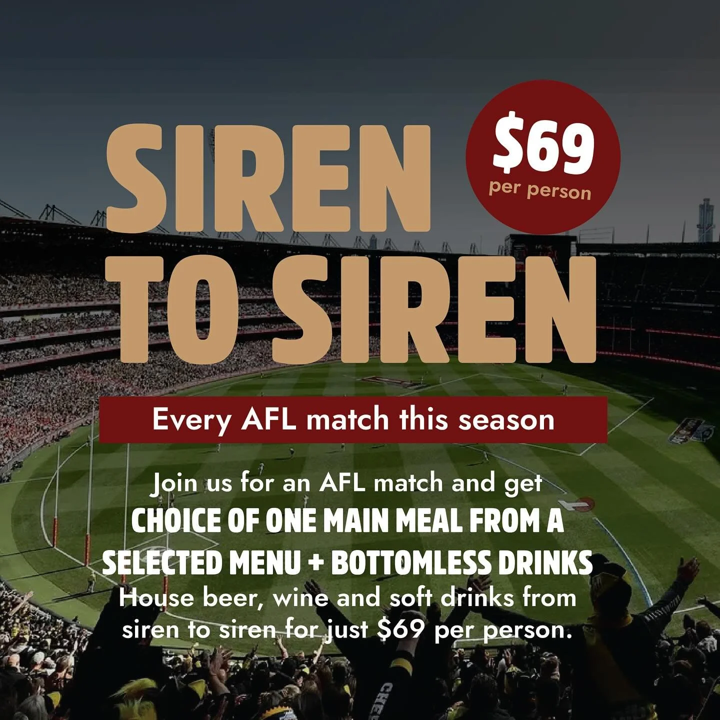 📣 SIREN TO SIREN AT RICHMOND REPUBLIC 🏉🍻

Every AFL game. One massive deal.

$69 gets you:
🍔 Your pick from our footy menu (think burgers, parmas, ribs, even a Meat Pie Mark)
🍺 Bottomless house beer, wine &amp; soft drinks
🕒 From first bounce t