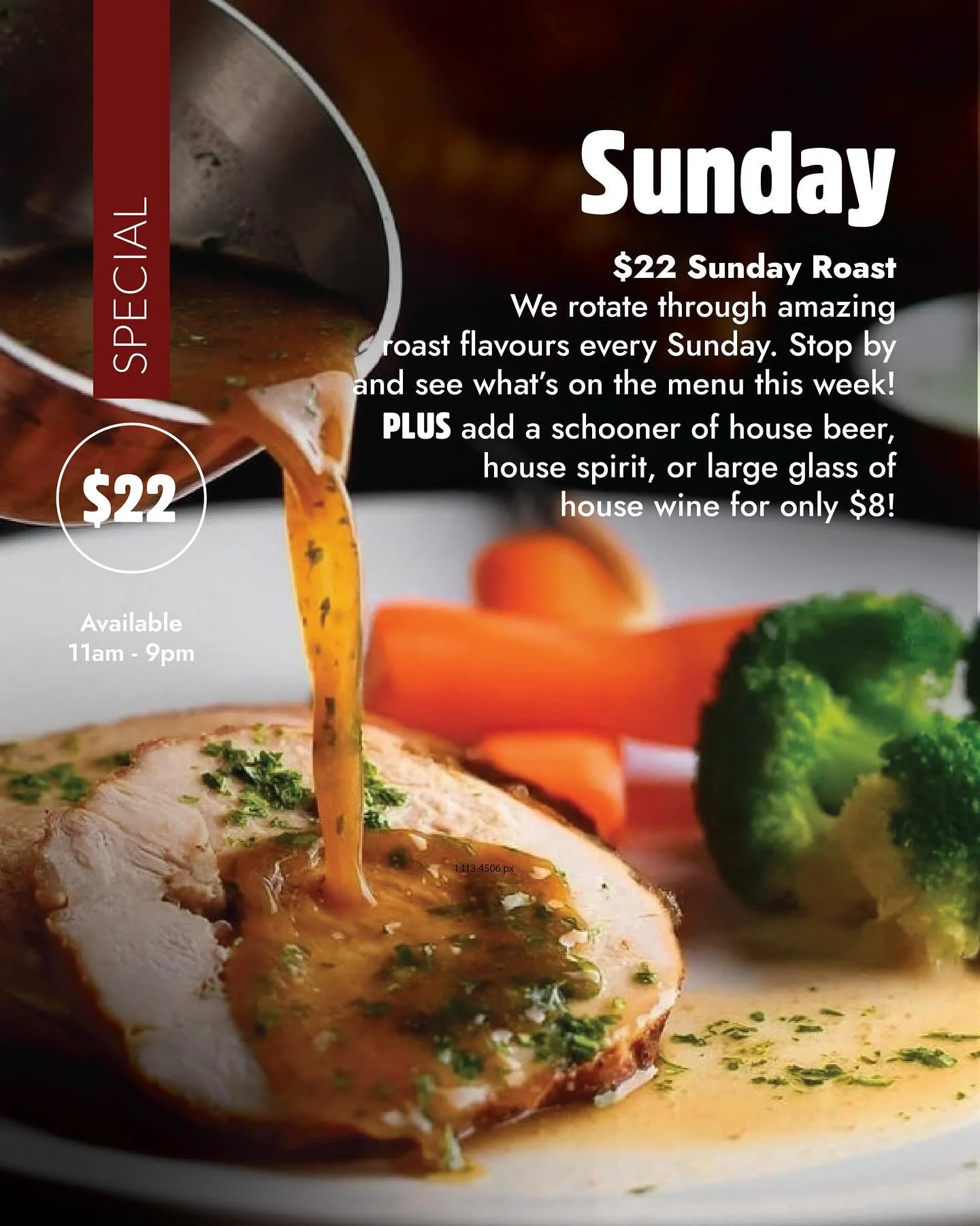 Sundays are for gravy and good times 🍻

$22 gets you a cracking Sunday Roast &mdash; we switch up the roast flavours every week, so there&rsquo;s always something new to pile your plate with.

Feeling thirsty? Add a schooner of house beer, house spi
