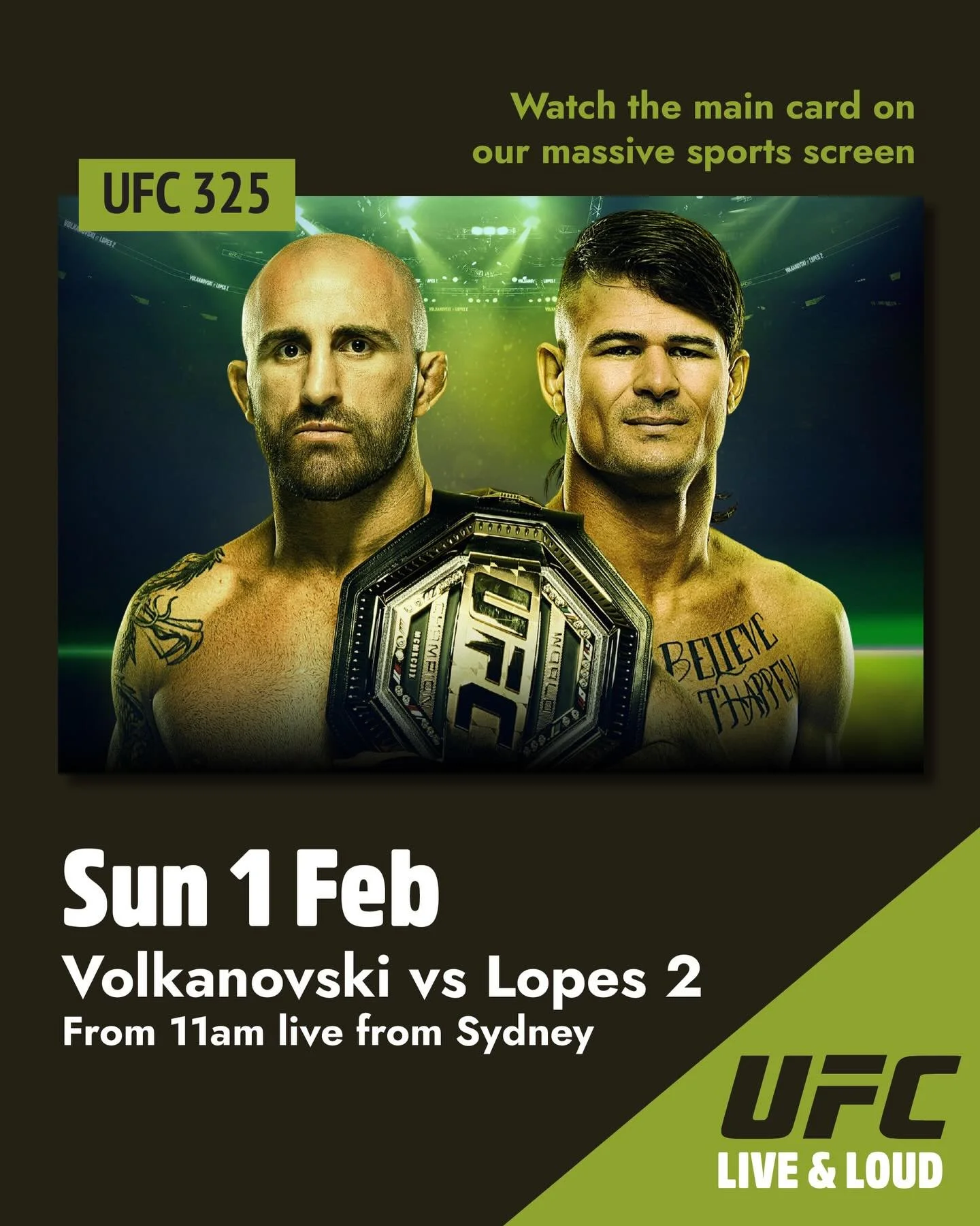 UFC 325 &ndash; LIVE &amp; LOUD 🥊

Volkanovski vs Lopes 2.
From 11am this Sunday.

We&rsquo;re showing the full fight card on the big screen &mdash; every round, start to finish.

Make it a proper Sunday session 🍻

$22 Sunday Roast
Available 12pm -
