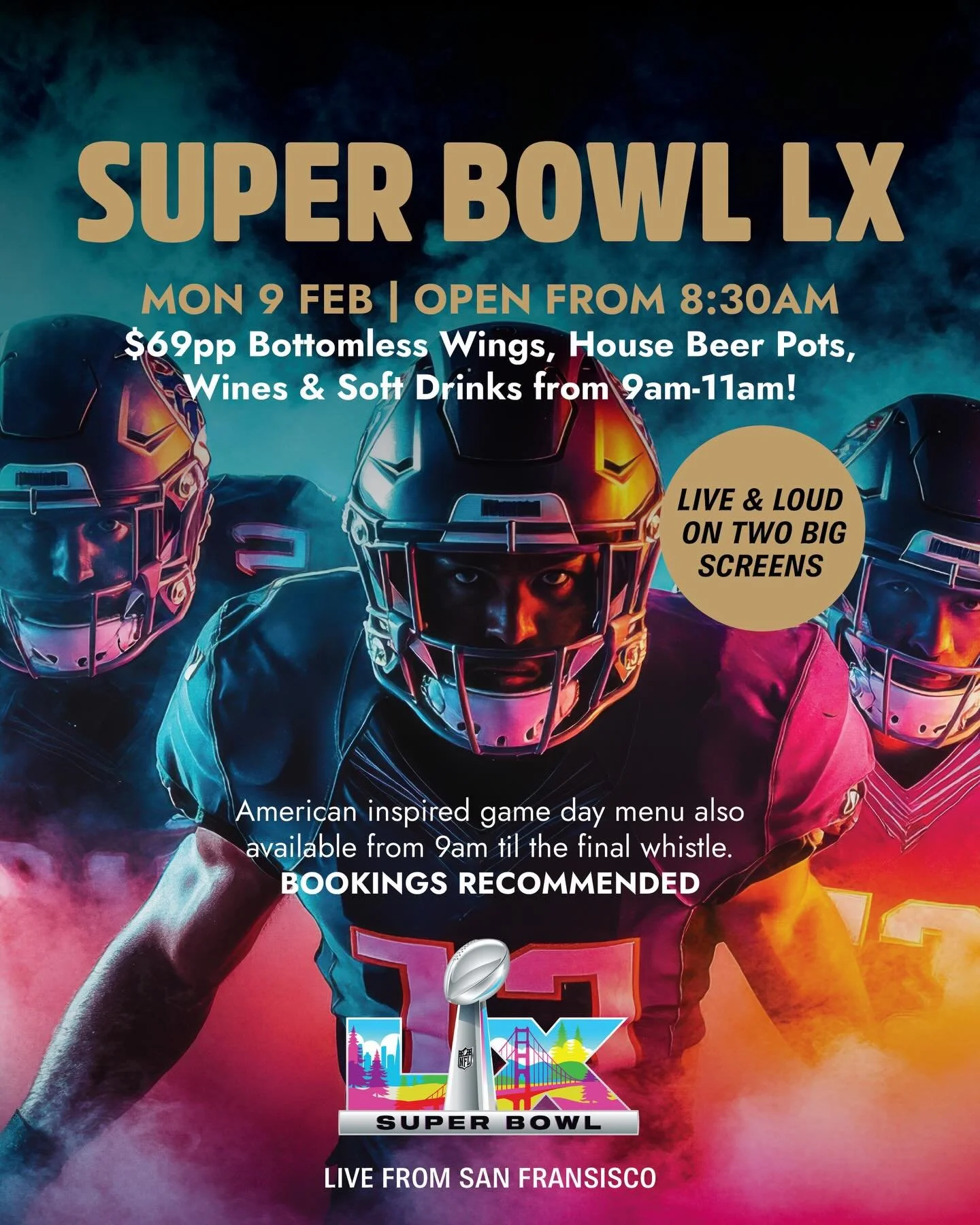 🏈 SUPER BOWL MONDAY @ RICHMOND REPUBLIC | Monday 9 February | Doors open 8:30am

🔥 LIVE &amp; LOUD &mdash; ON TWO LARGE SCREENS + MULTIPLE SMALL SCREENS 

OPTION 1 &mdash; BOTTOMLESS (9&ndash;11AM)
🔥 $69pp
&bull; Bottomless wings
&bull; Bottomless