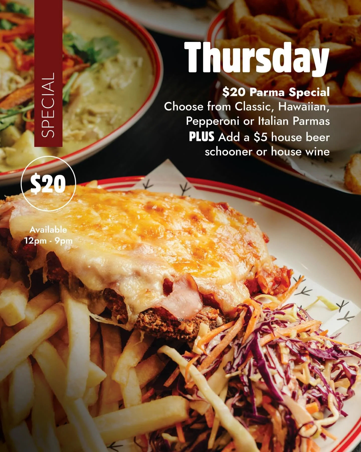 THURSDAY SPECIAL IS HERE 

The only decision you need to make today - Classic, Hawaiian, Pepperoni or Italian? 

Available 12pm &ndash; 9pm 

#RichmondRepublic #ThursdaySpecial #PubParma #ParmaThursday