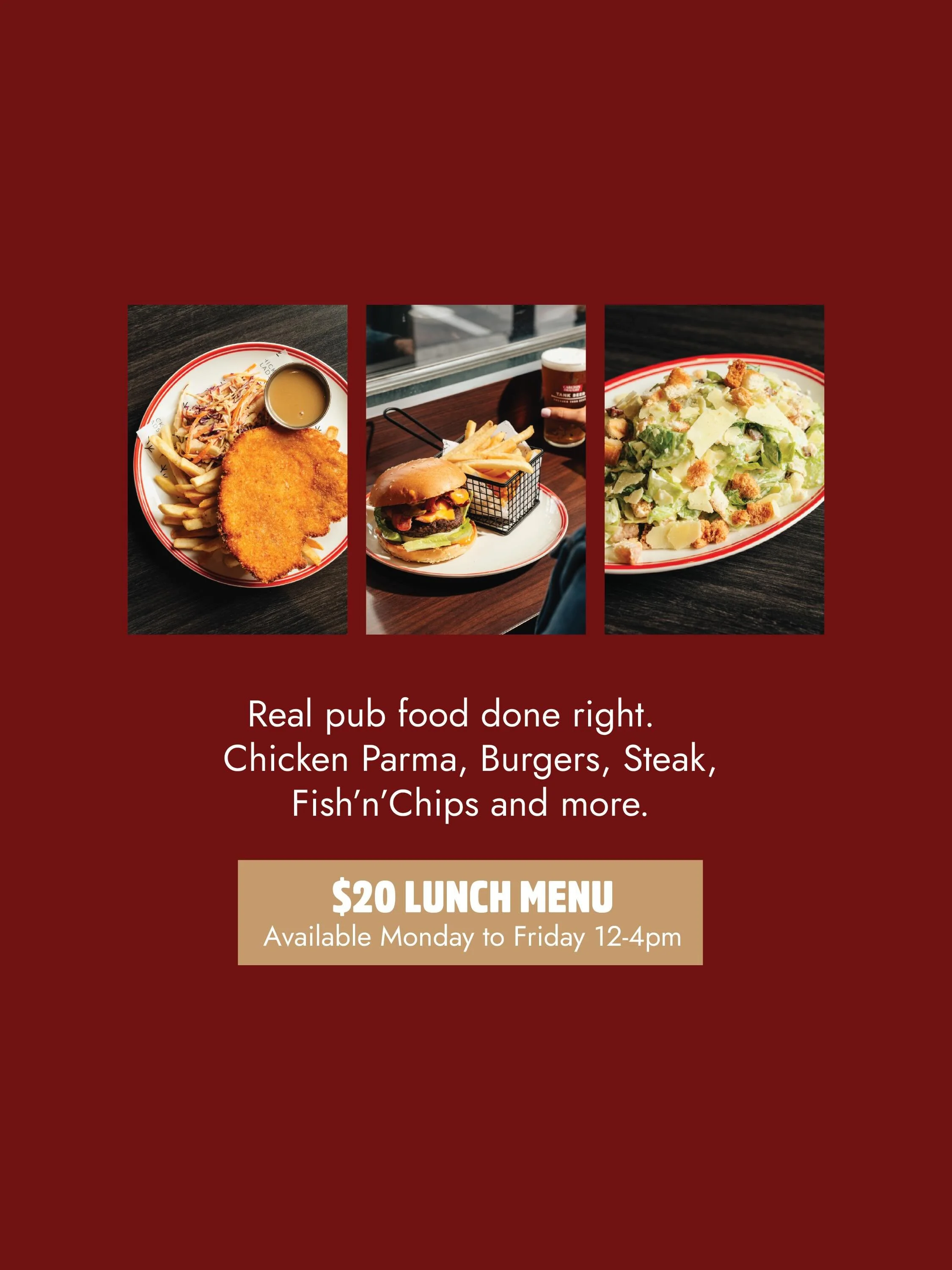 Kick off your week with our $20 Lunch Menu available Monday to Friday 12&ndash;4pm.

Then stay on for $25 Steak Night from 5pm.

And if that&rsquo;s not enough &mdash; APL Poker Night is on TONIGHT &spades;️ Registration from 7pm, cards in the air at
