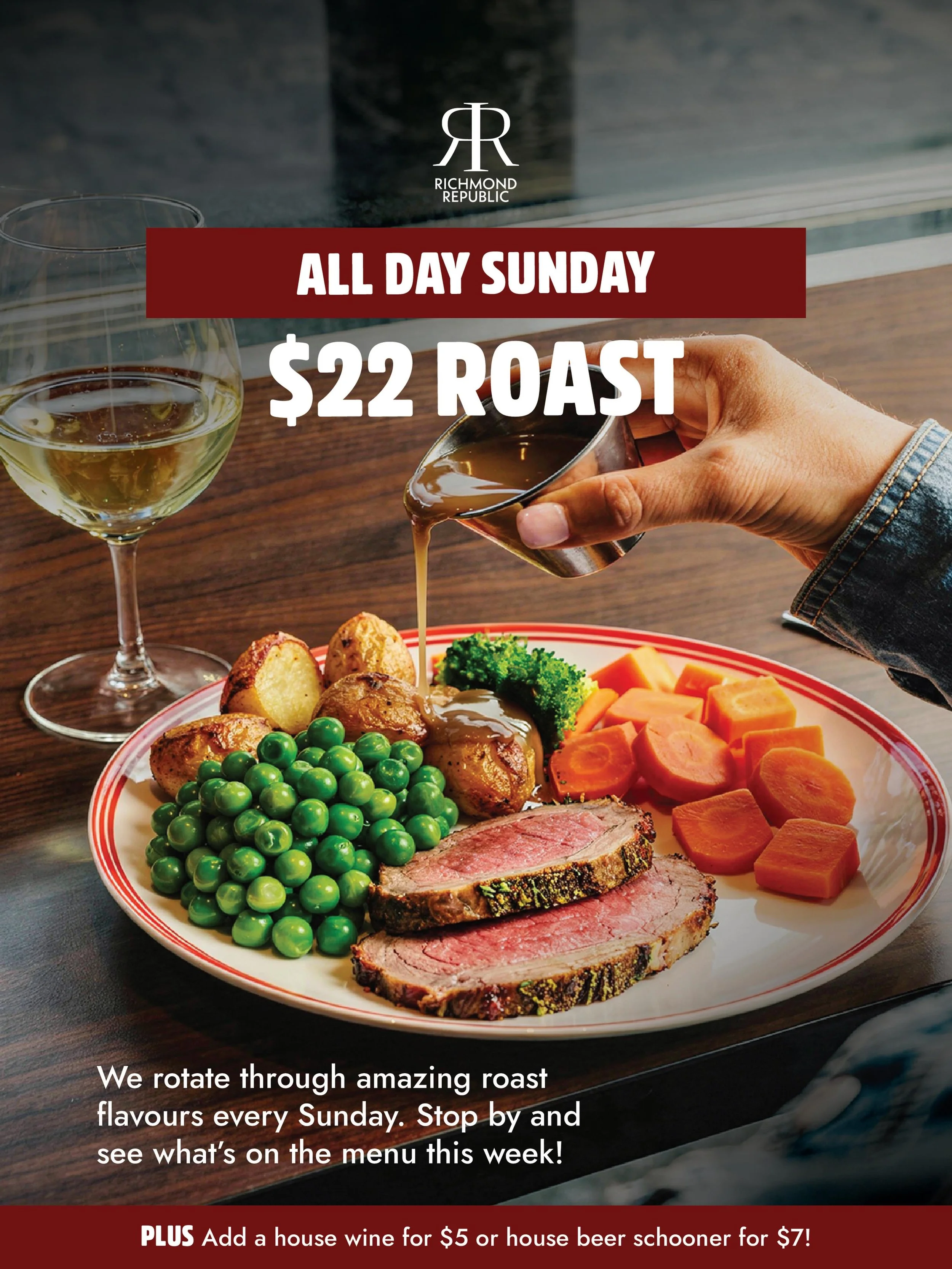 $22 ROAST. ALL DAY SUNDAY.

A new roast takes the plate every Sunday &mdash; come see what we&rsquo;re carving up.

Add a house wine ($5) or schooner ($7) and make it a proper Sunday.

DM to book &rarr;

#RichmondRepublic #SundayRoast #MelbourneEats 
