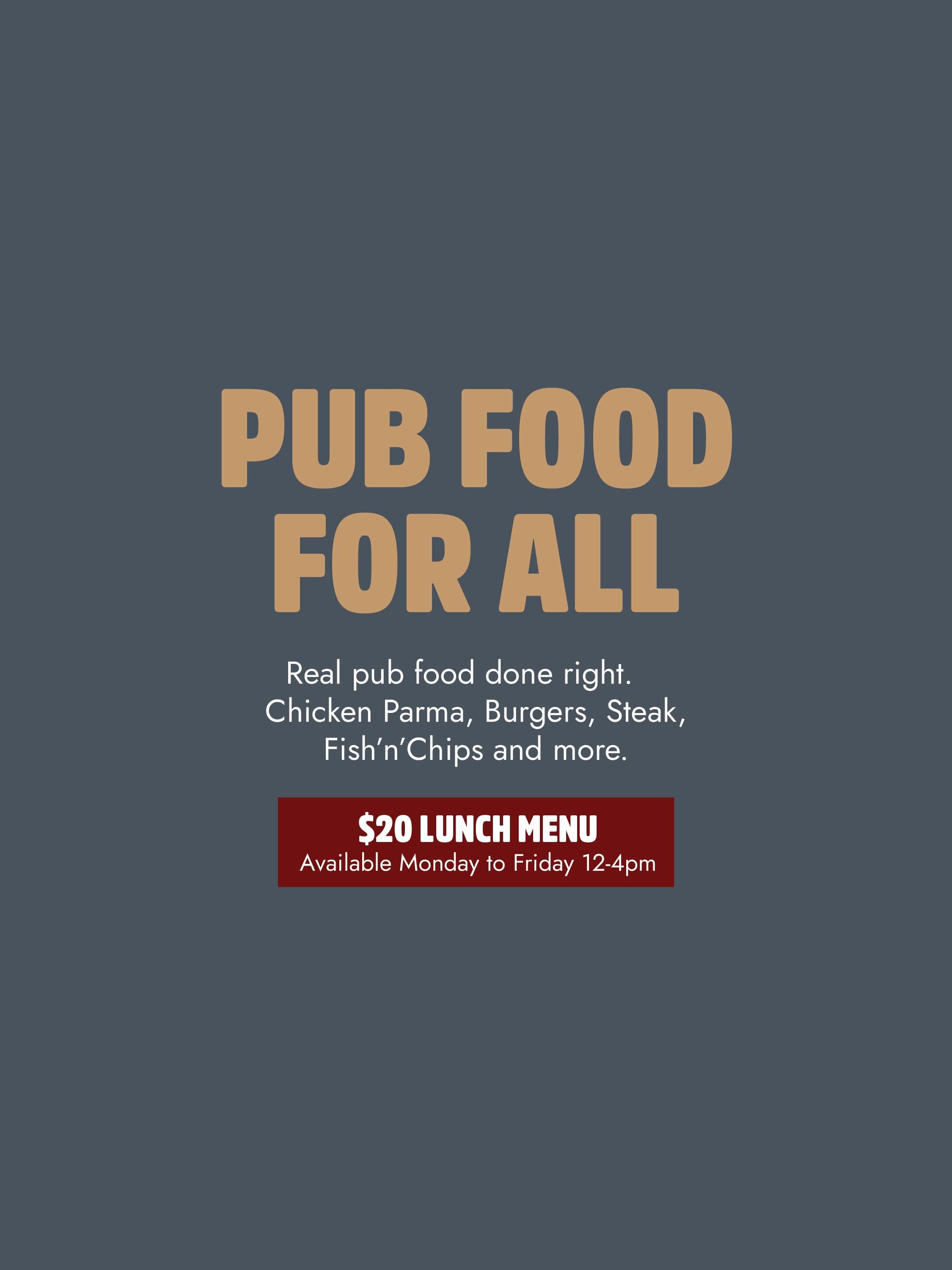 Monday at the Republic. 

$20 Lunch Menu, 12-4pm &mdash; parma, schnitzel, fish &amp; chips, calamari. Add a $5 house wine or $7 schooner.

APL Poker Night &mdash; reg 7pm, cards 7:30pm. $30 buy-in. Upstairs function room. Every Monday.

$25 Steak Ni
