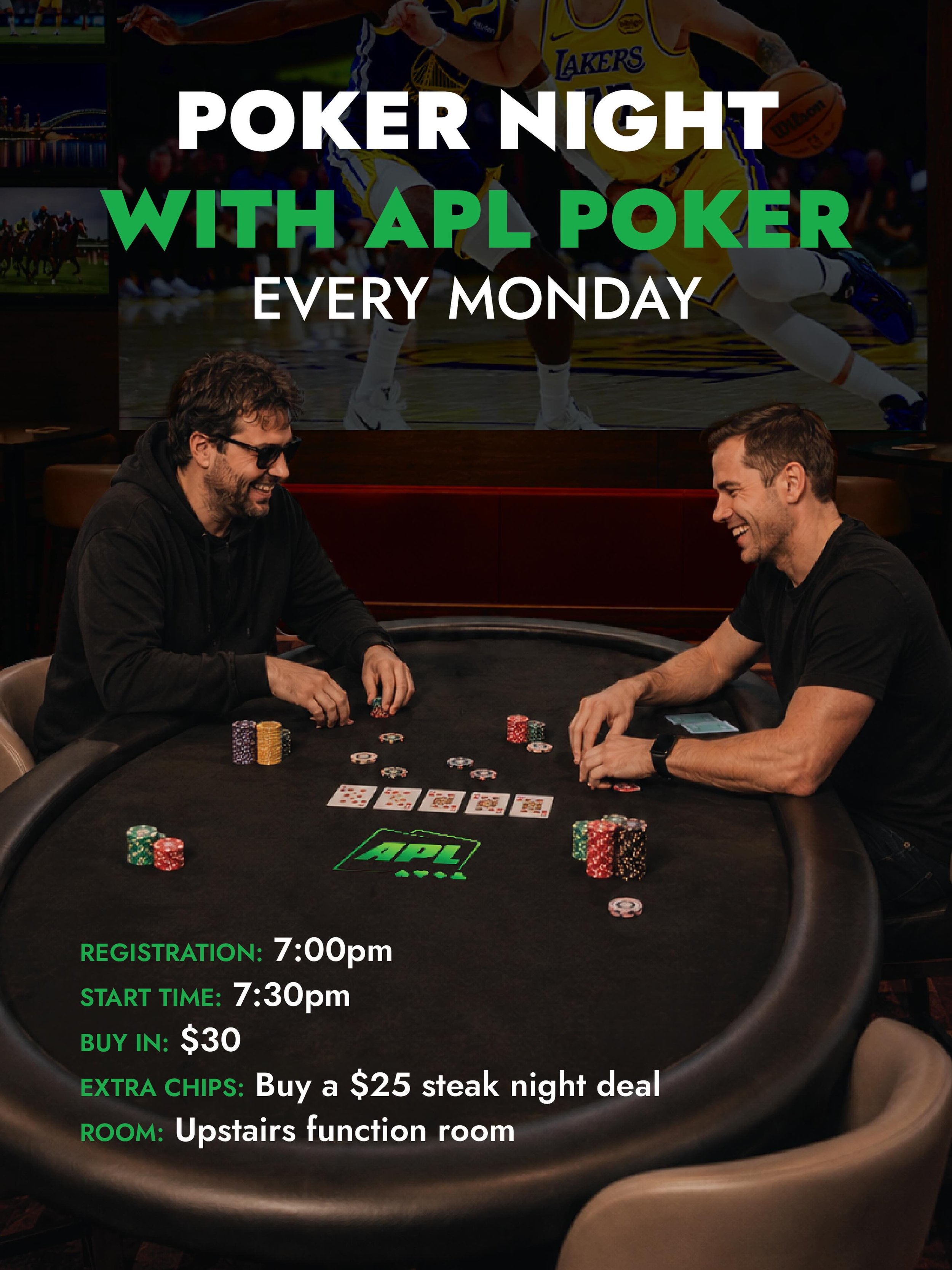 Poker lands at Richmond Republic every Monday with @apl_major_events . Shark or first-timer, pull up a seat. 

Rego 7:00pm | Game on 7:30pm
$30 buy-in
$25 steak night deal = extra chips

📍 Upstairs function room

Free to join, big nights, bragging r