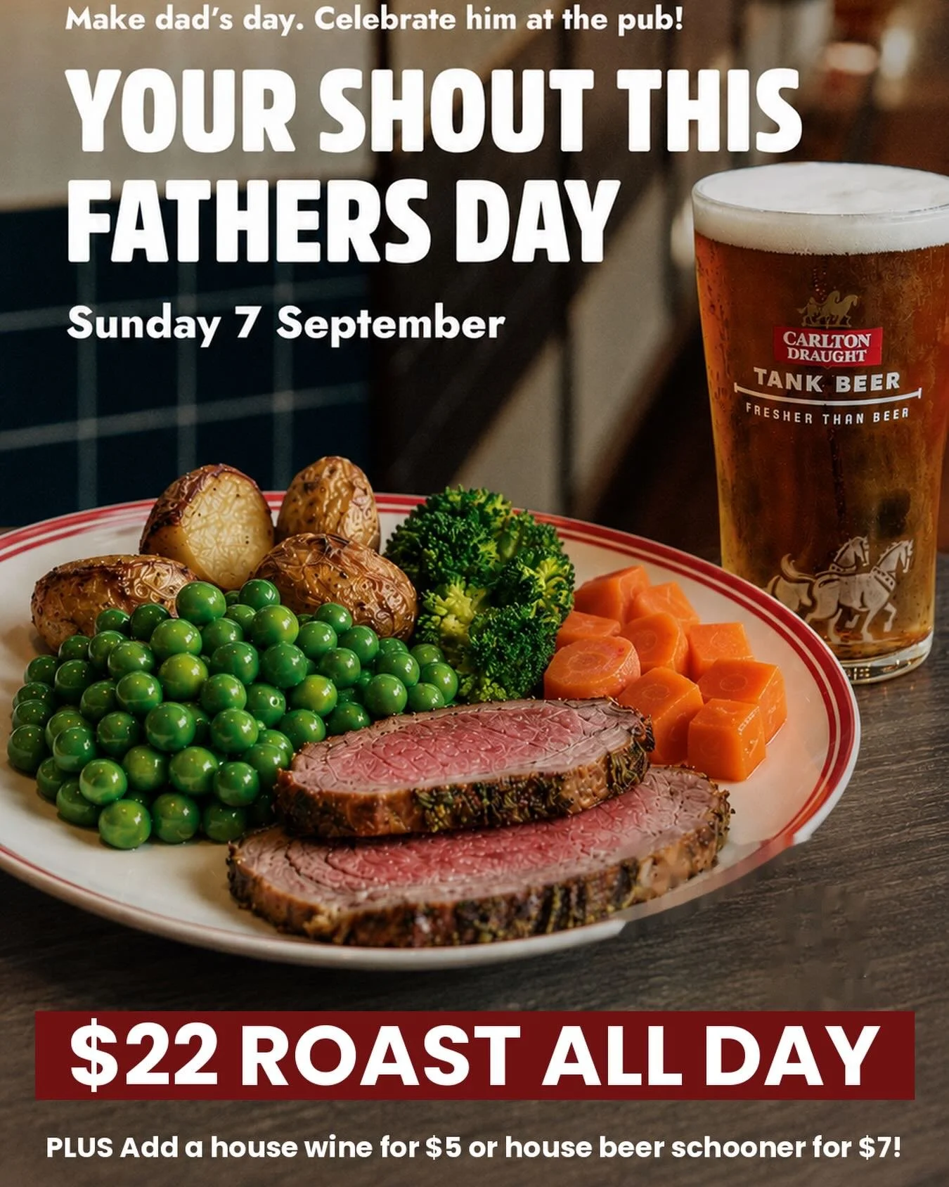 Give the old man a proper shout this Father&rsquo;s Day 🍺

Sunday 7 September $22 Roast, all day long. Add a house wine for $5 or a house beer schooner for $7. Live sport on the big screens too.

Bookings recommended.

#RichmondRepublic #FathersDay 