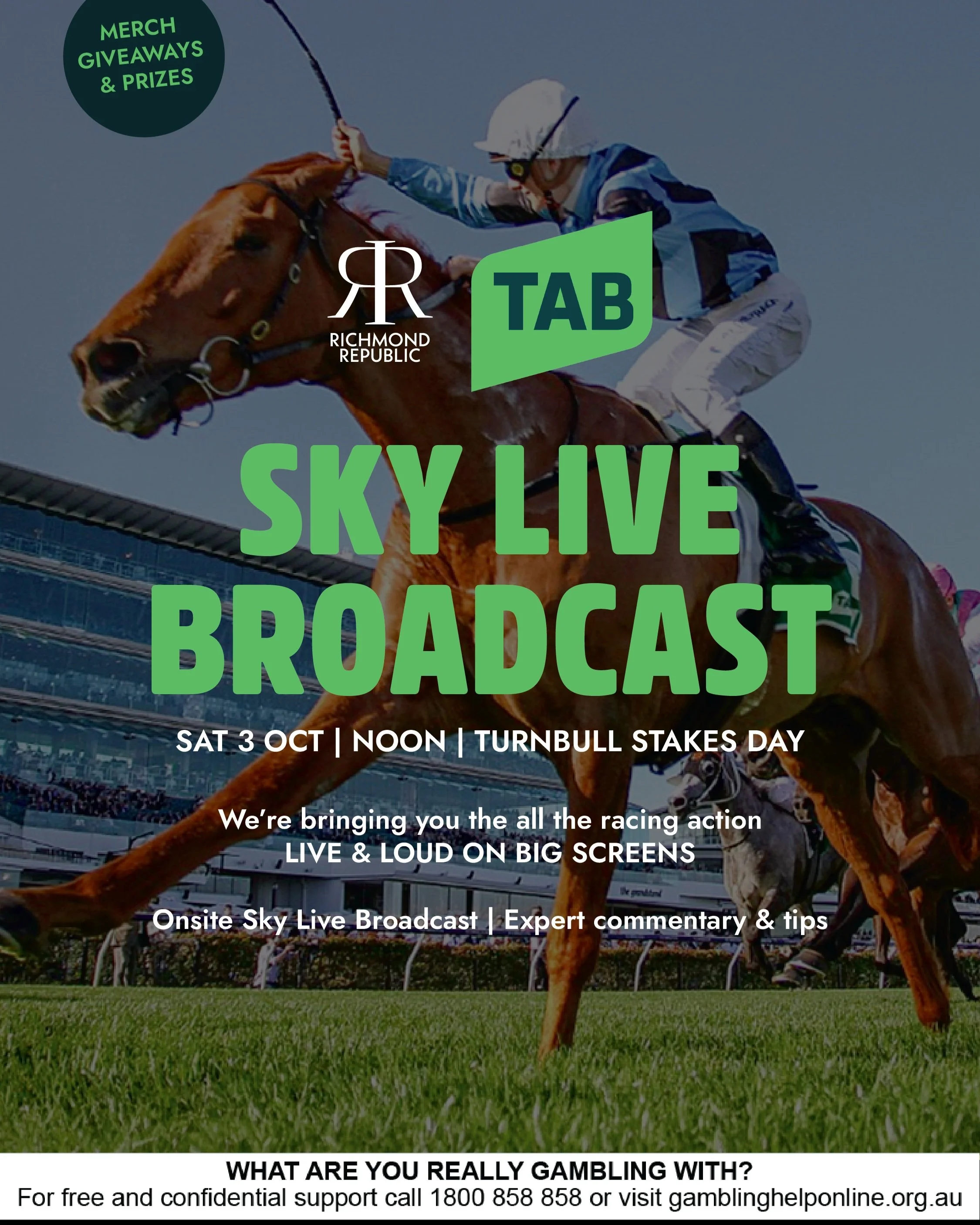 Something BIG is coming to Richmond Republic&hellip;
@tabcomau 
Join us Saturday 3 October from noon for our Sky Live Broadcast on Turnbull Stakes Day &mdash; racing LIVE &amp; LOUD, expert tips, merch, giveaways &amp; prizes.

👀 But that&rsquo;s no