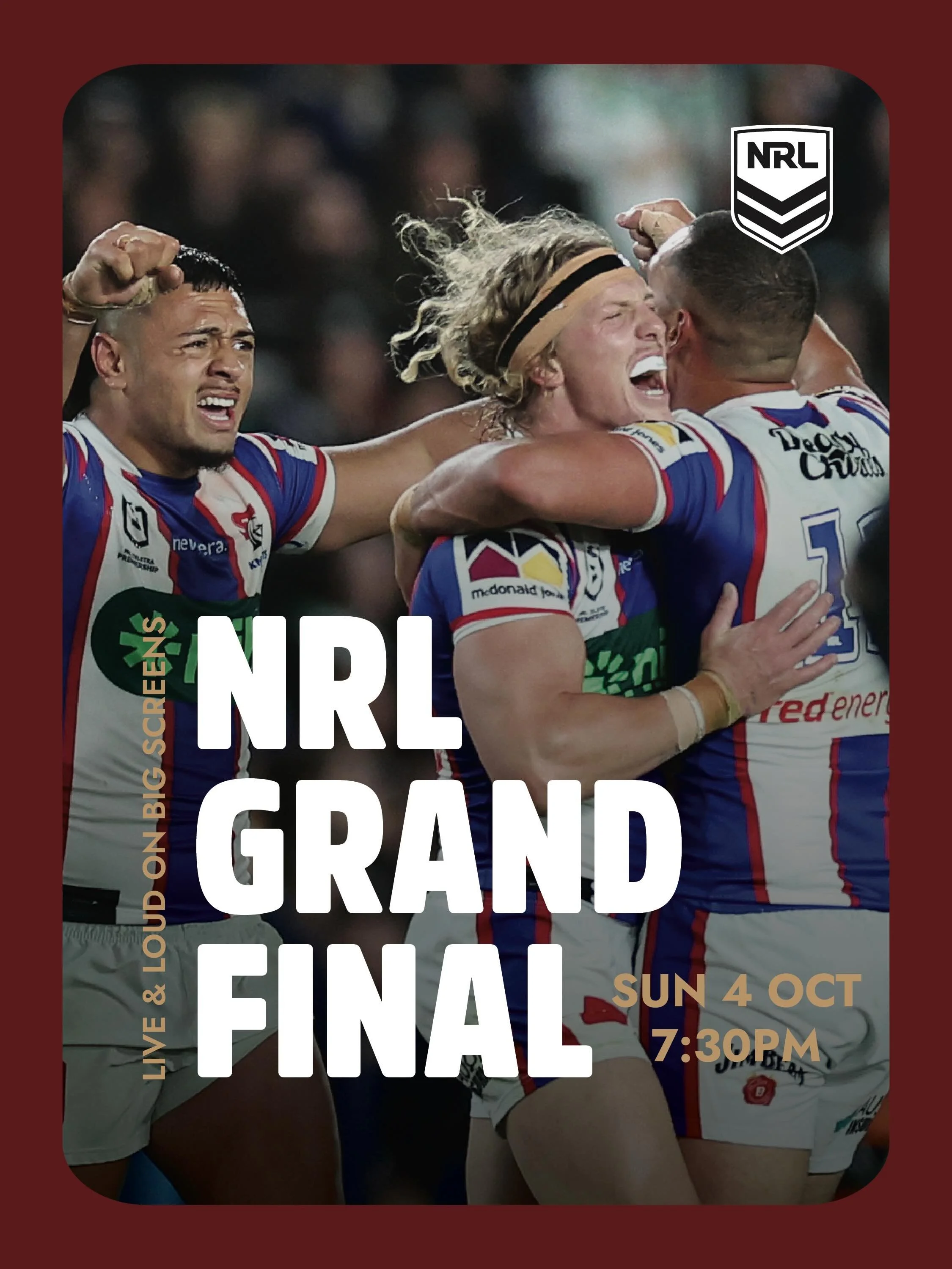 NRL GRAND FINAL. TONIGHT. 🏆

Sydney Roosters v Newcastle Knights. Kick-off 7:30pm, live and loud on the big screens.

The Knights are in their first grand final since 2001. The Roosters are back in the decider for the first time since 2019. These tw